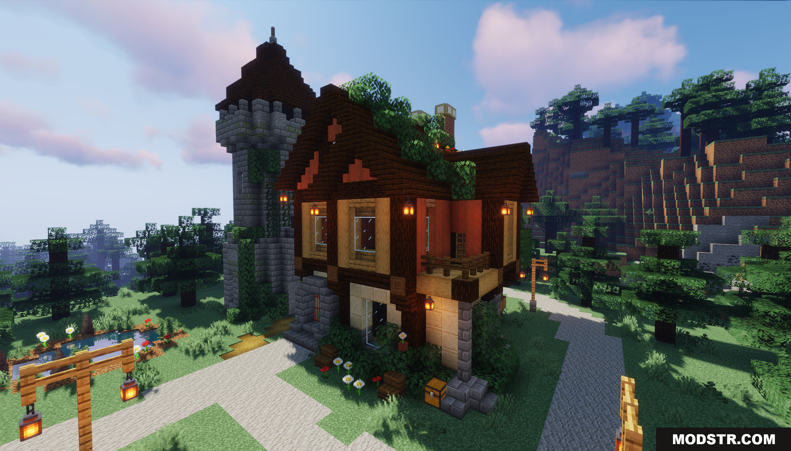 Forest Dwellers House Map Screenshot 7 A cozy medieval house with a stone watchtower at dusk