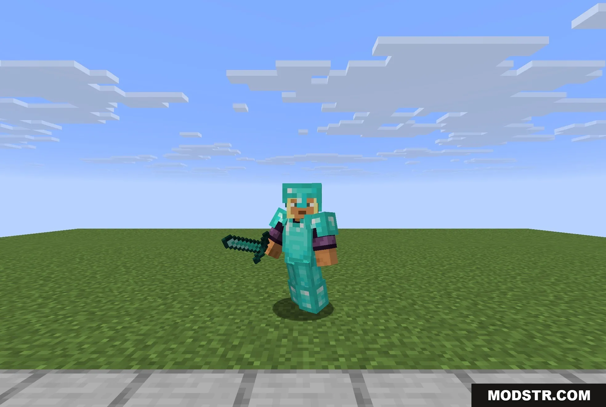 Fresh Animations Player Extension 9minecraft Resource Pack Screenshot 6 Player in diamond armor with an expressive face holding a sharp sword