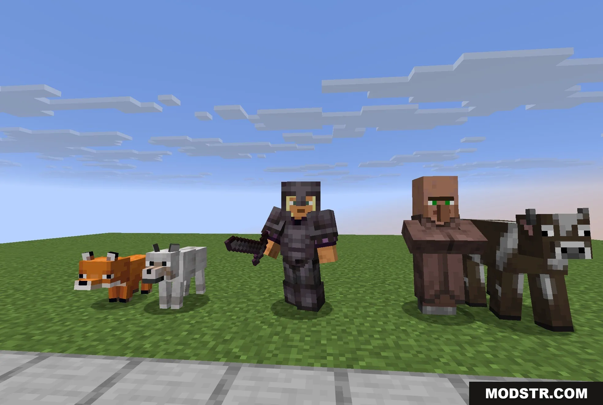 Fresh Animations Player Extension 9minecraft Resource Pack Screenshot 5 Player in netherite armor standing with several different mobs on the grass