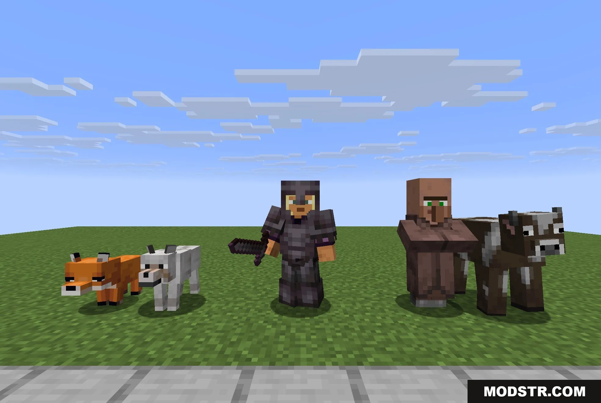 Fresh Animations Player Extension 9minecraft Resource Pack Screenshot 3 Player in netherite armor showing expressive facial animations alongside various mobs