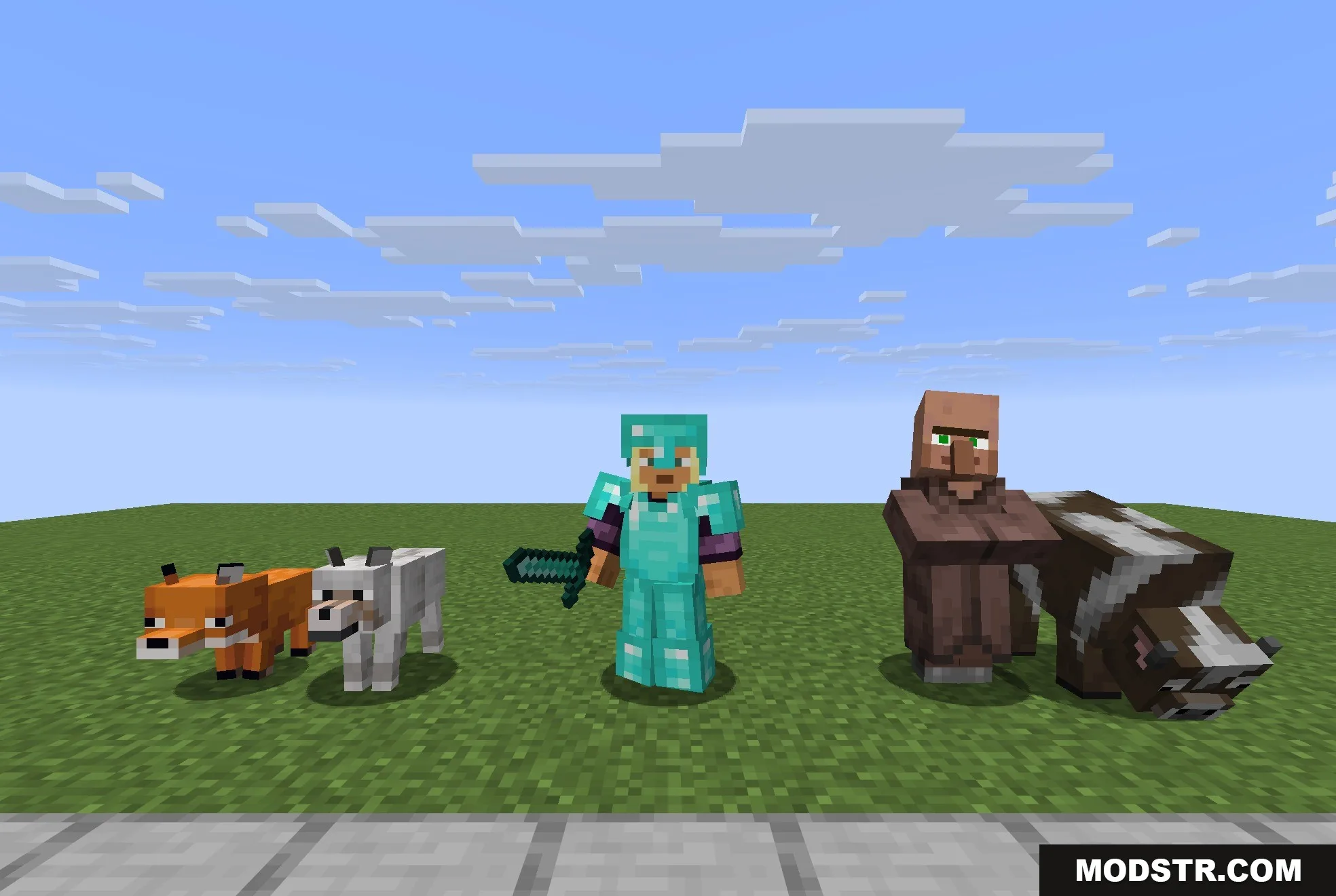 Fresh Animations Player Extension 9minecraft Resource Pack Screenshot 1 A player in diamond armor with expressive facial animations standing near mobs