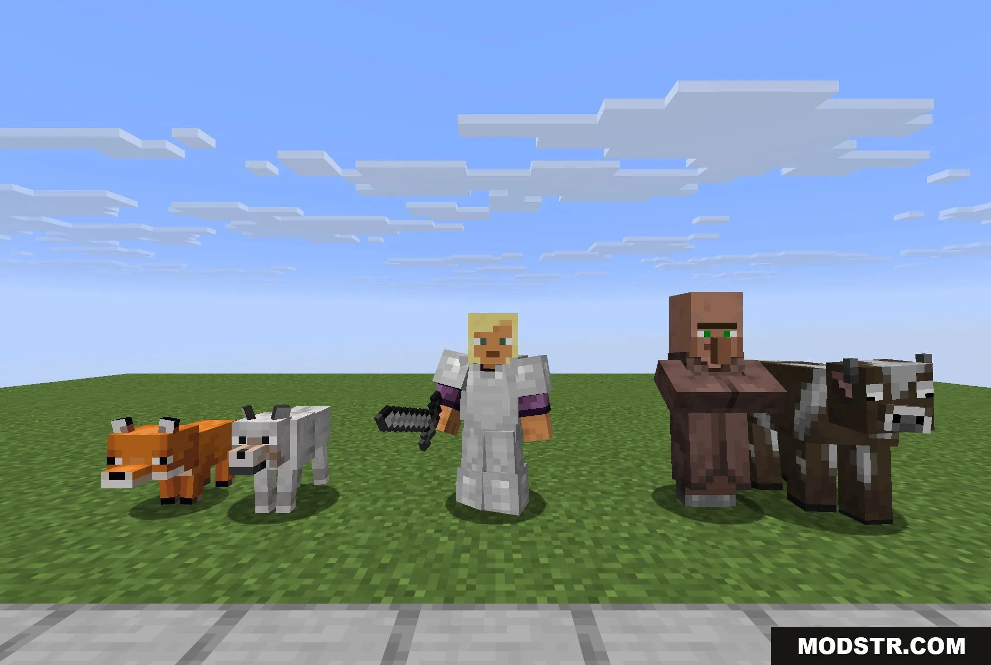 Fresh Animations Player Extension 9minecraft Resource Pack Screenshot 2 A player wearing iron armor with animated eyes standing among various mobs