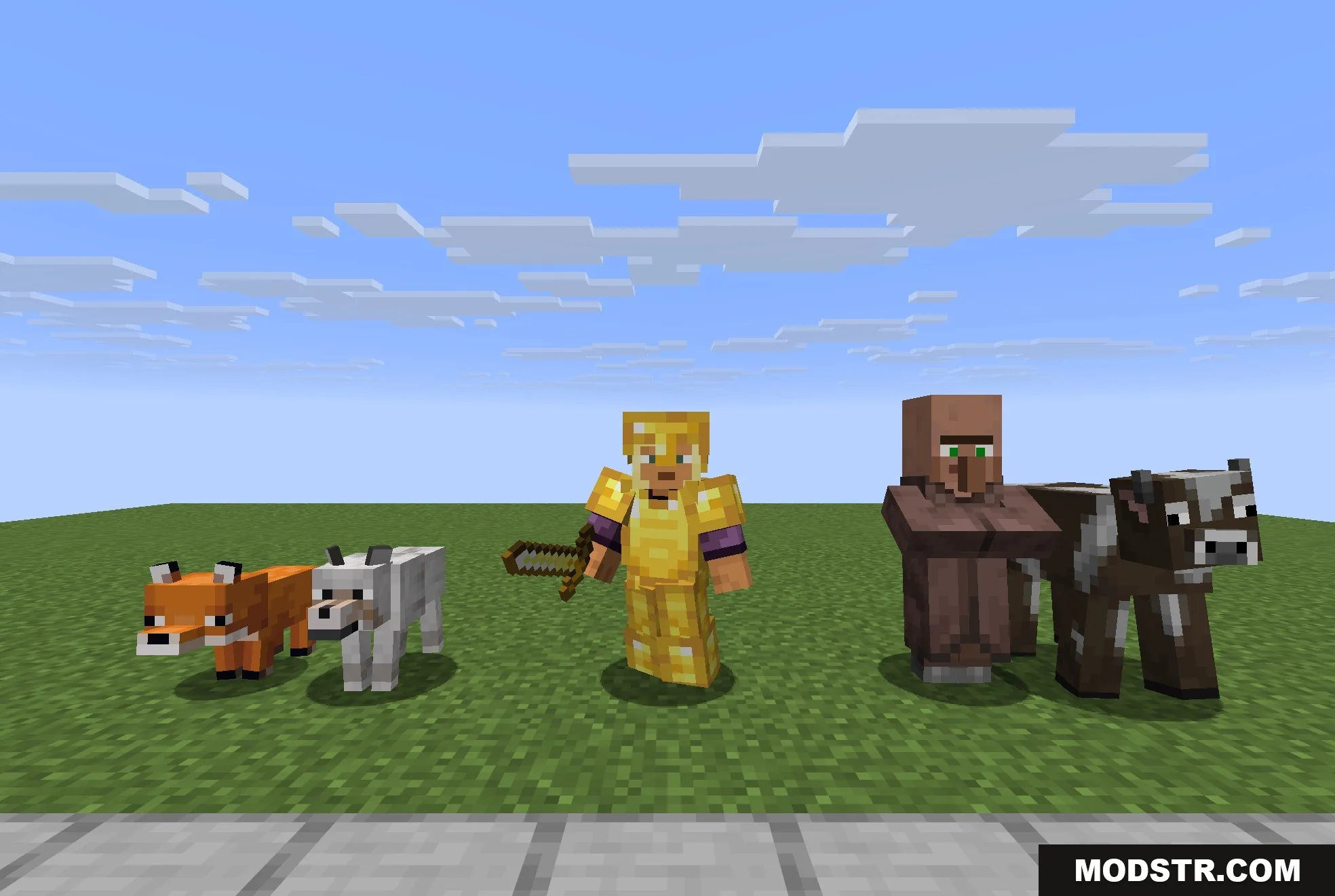 Fresh Animations Player Extension 9minecraft Resource Pack Screenshot 4 Animated player in gold armor standing next to a villager and cow