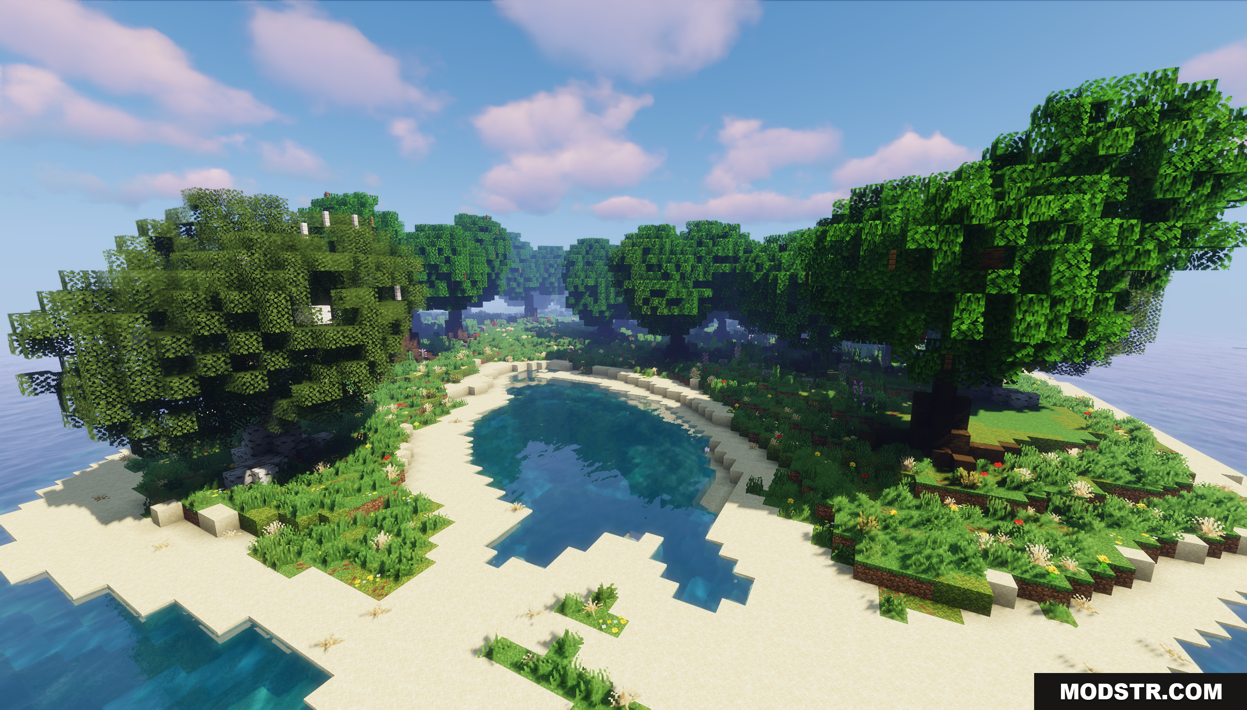 Fugue Forest Map Screenshot 4 Aerial view of a small sandy cove surrounded by dense custom trees