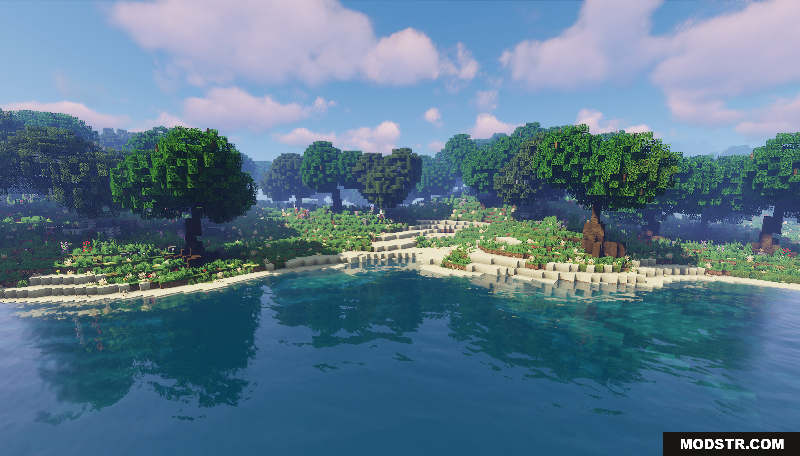 Fugue Forest Map Screenshot 2 Custom trees lining the sandy beach of a calm blue lake