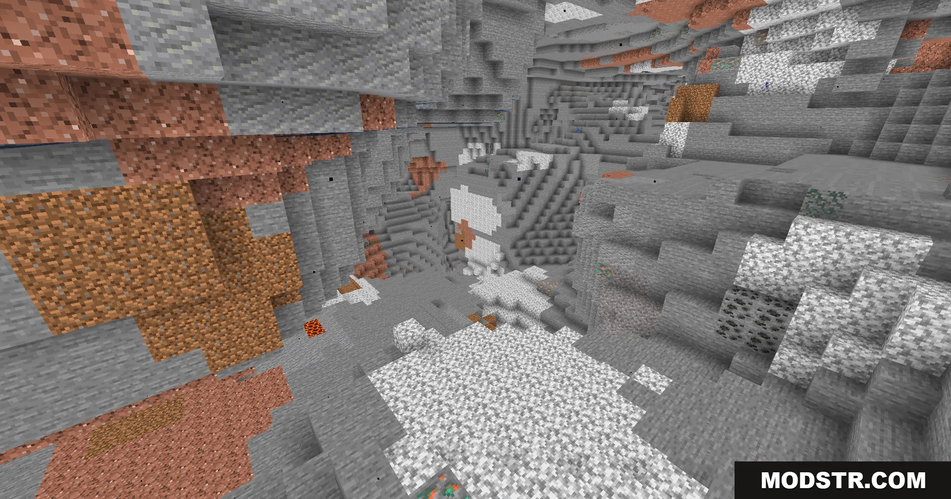 Fullbright Plus Shaders Screenshot 7 Brightly lit underground cave system featuring various stone types and mineral ores