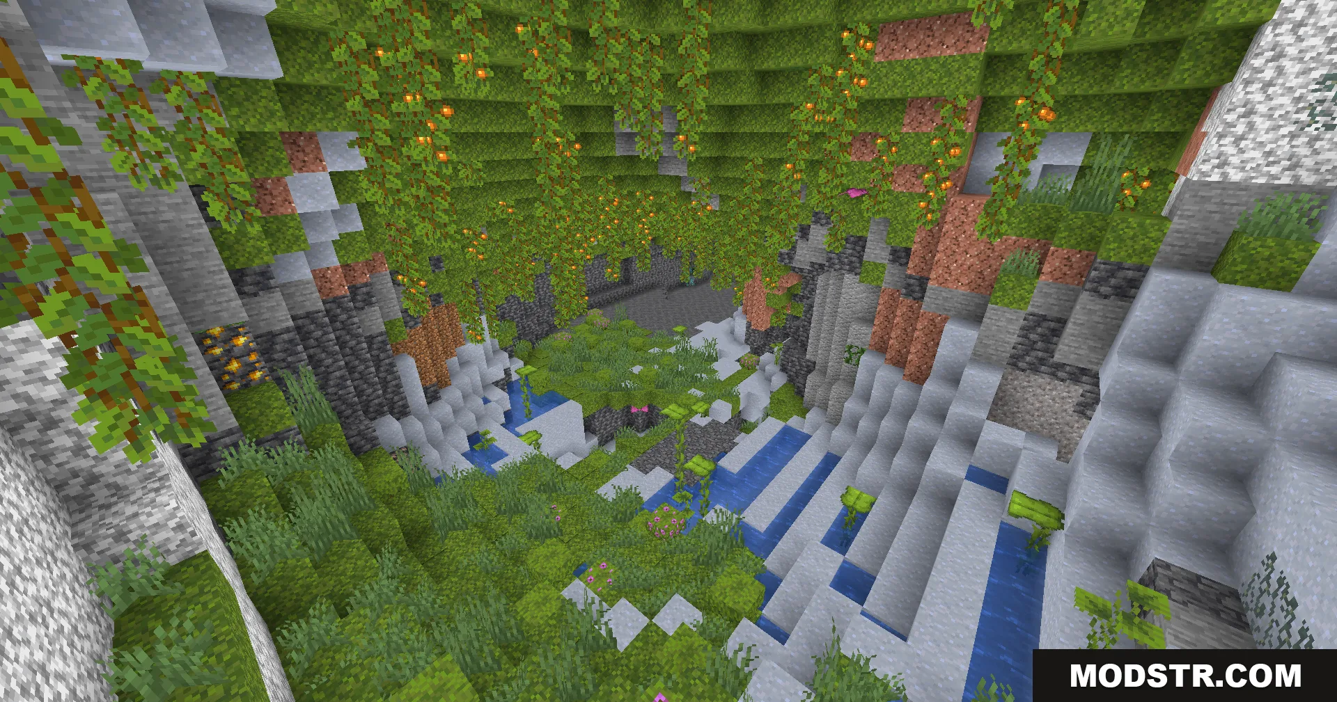 Fullbright Plus Shaders Screenshot 10 Lush cave biome filled with green moss and hanging glow berries and water