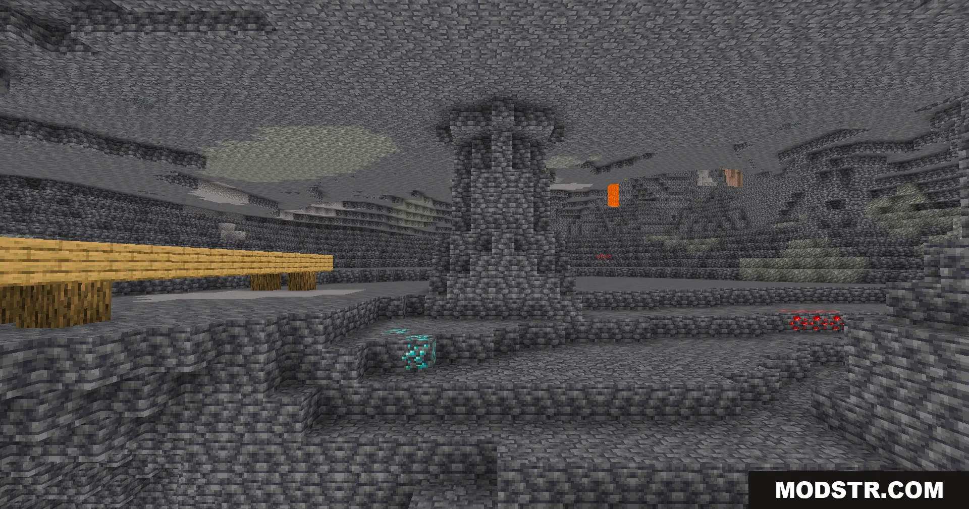 Fullbright Plus Shaders Screenshot 8 Deepslate cavern with diamond ores and a wooden bridge under full brightness