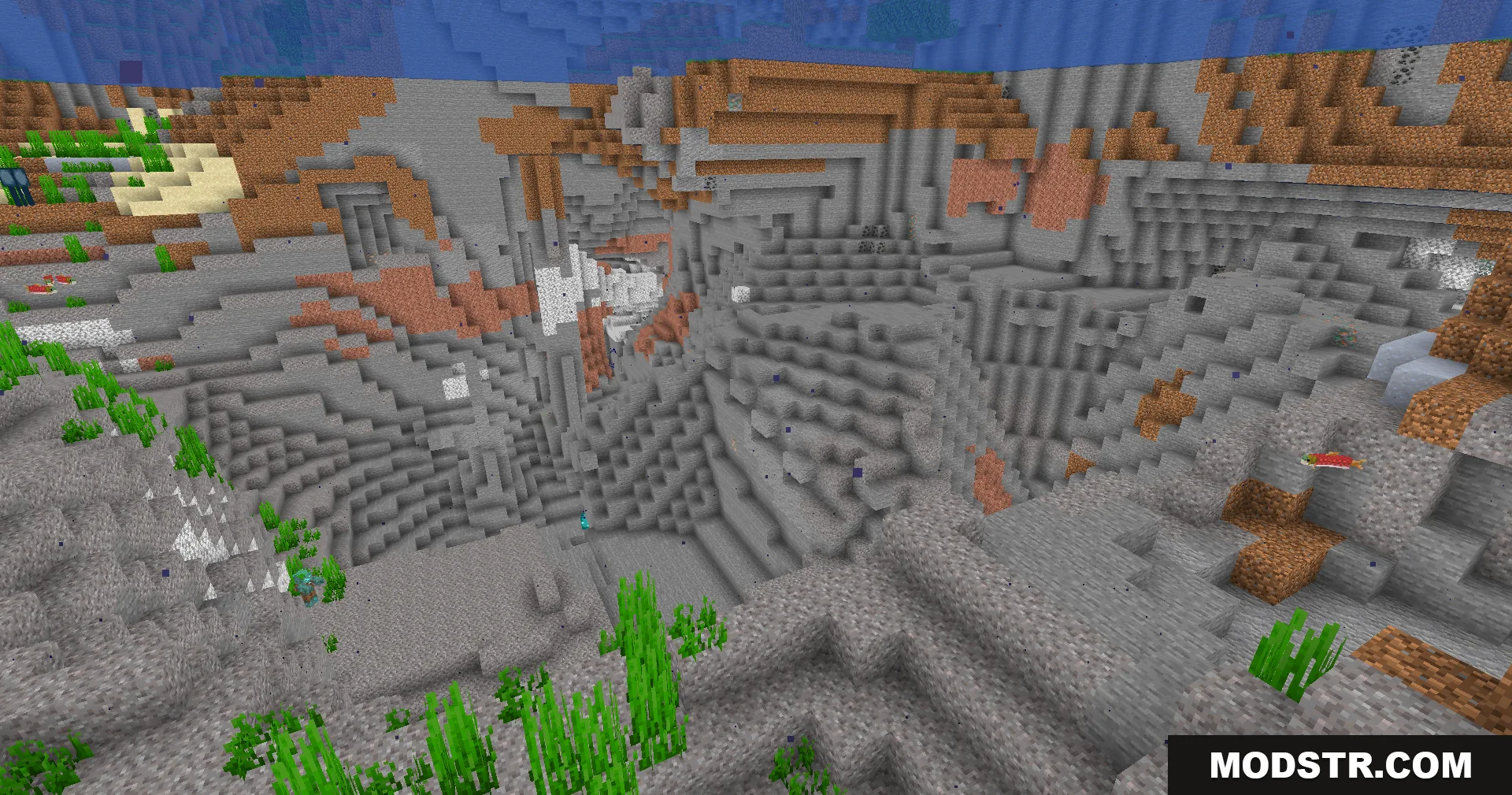 Fullbright Plus Shaders Screenshot 1 A bright underwater ravine showing various stone and dirt blocks without shadows