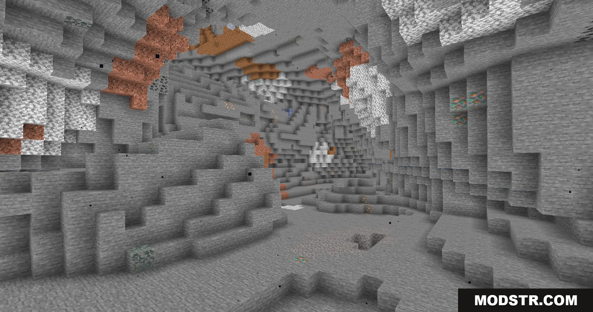 Fullbright Plus Shaders Screenshot 4 A brightly lit cave showing copper ore and various stone types