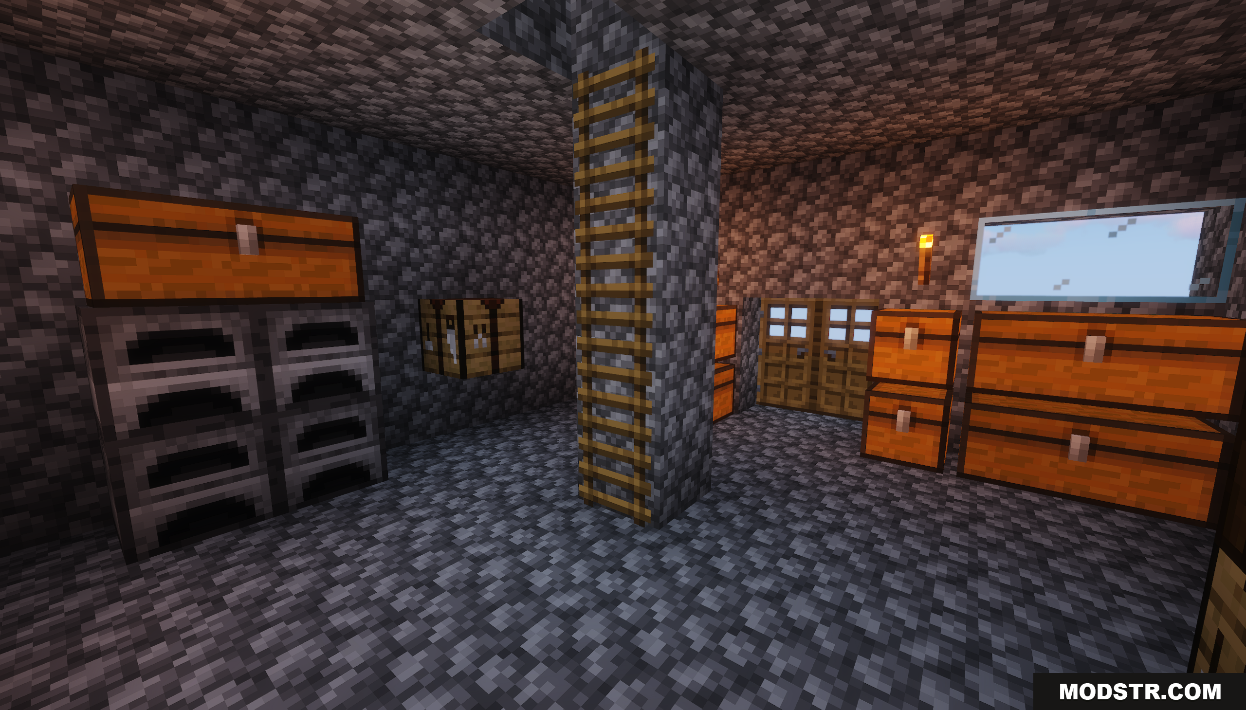 Funky Globe Map Screenshot 3 A cobblestone basement with furnaces, chests, and a ladder