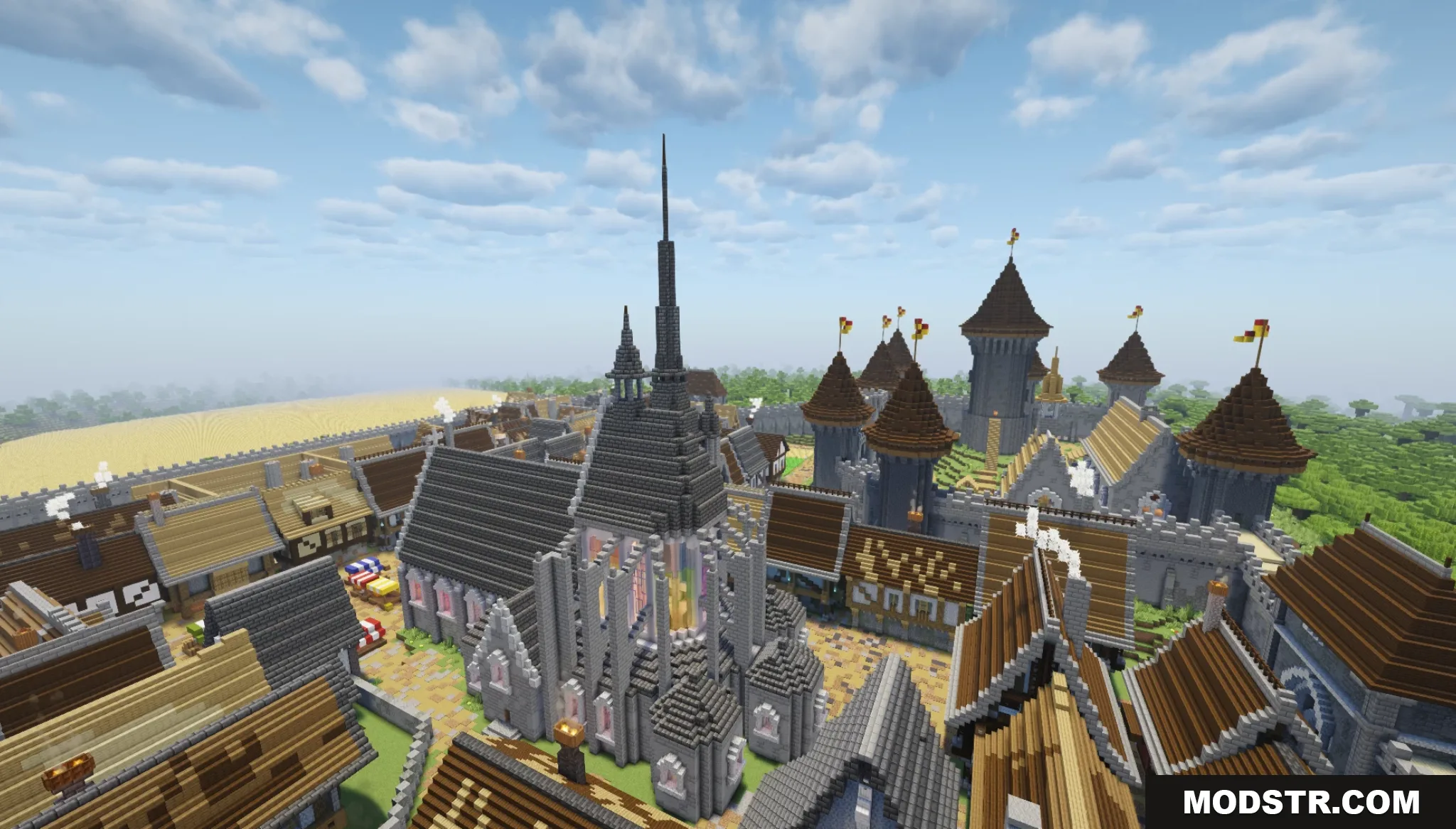 Gallardon Medieval Village Map Screenshot 4 A detailed stone cathedral stands near a castle with yellow flags