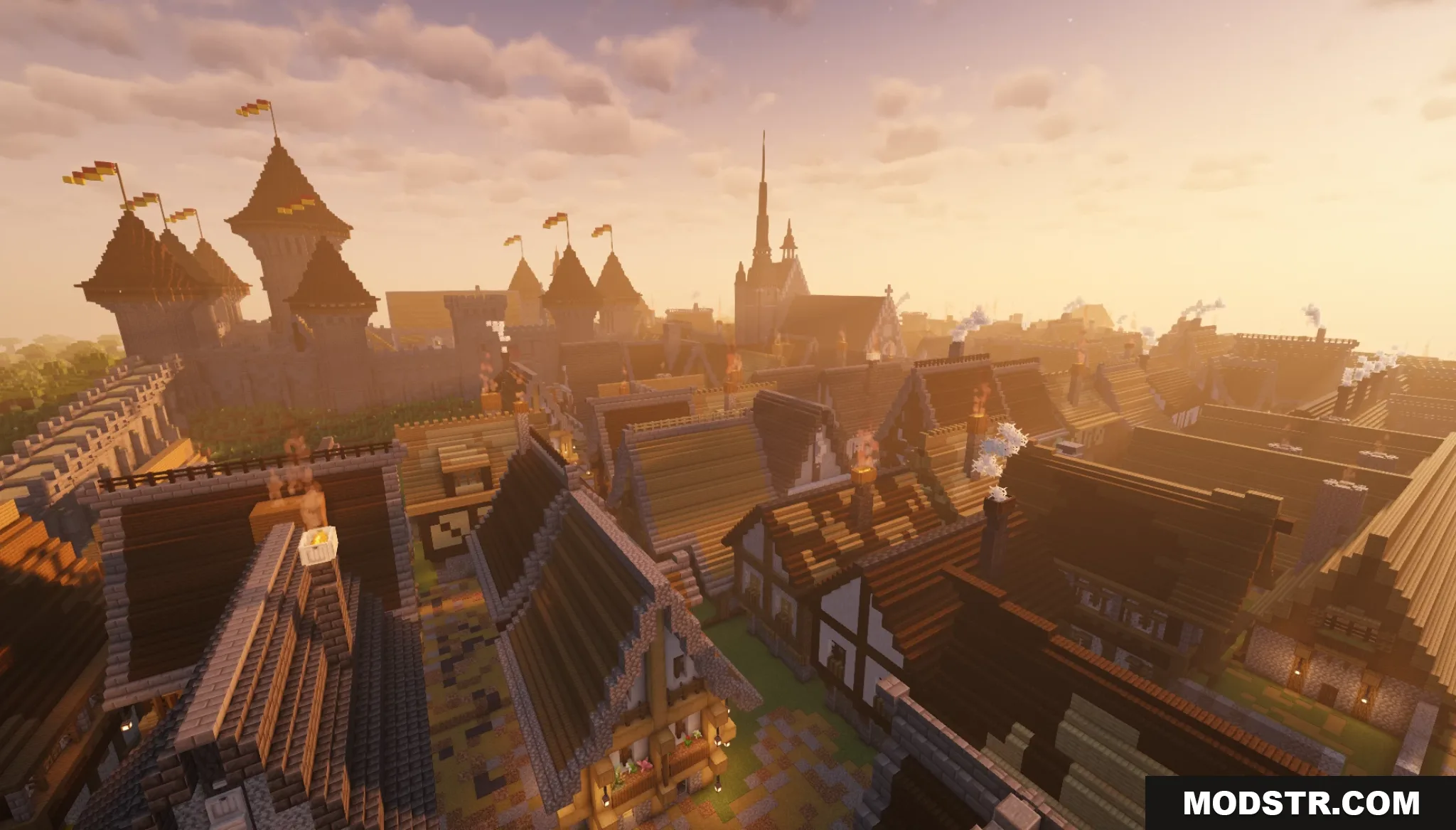 Gallardon Medieval Village Map Screenshot 10 Sunset view over the rooftops of a medieval town with castle towers