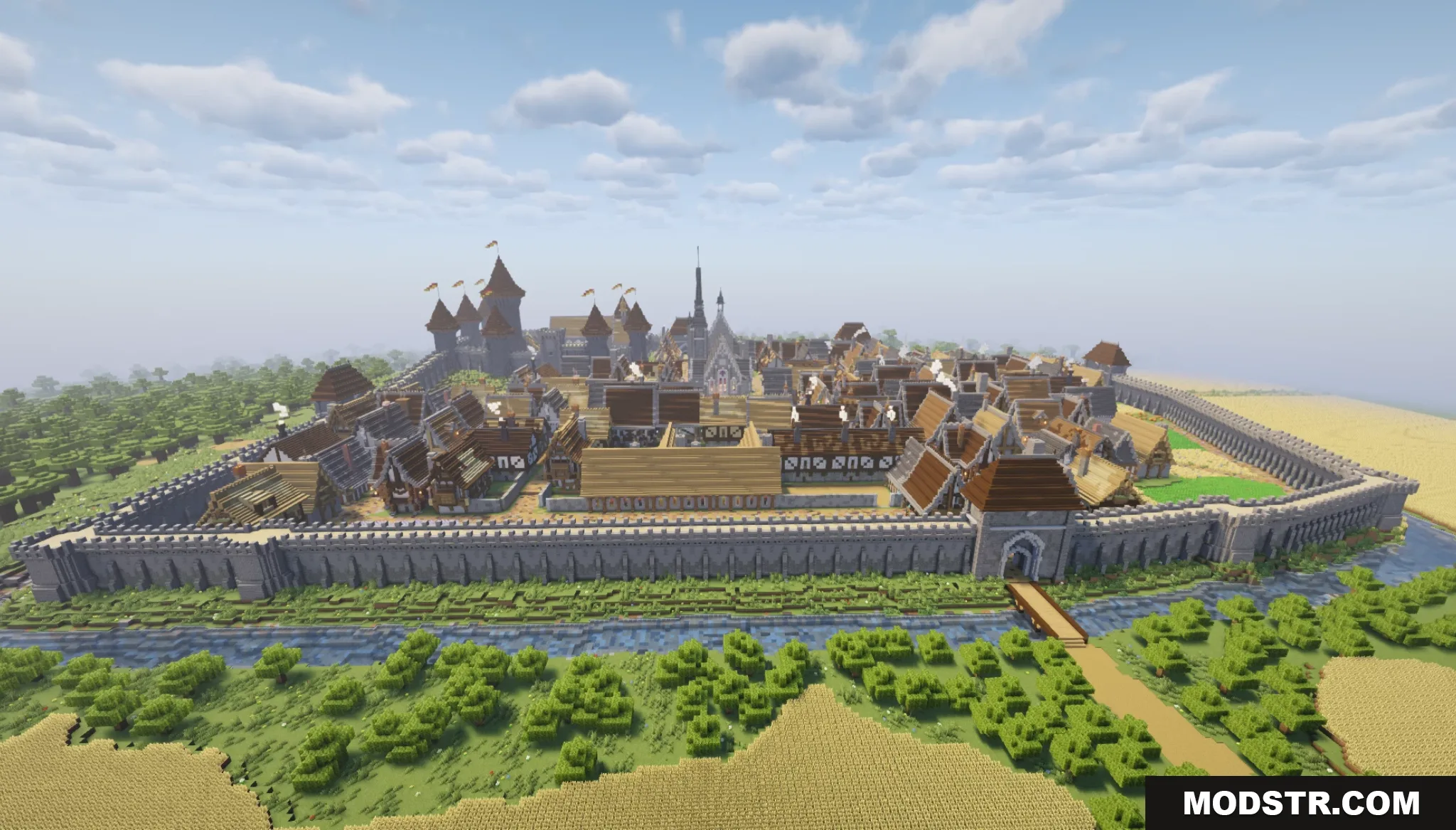 Gallardon Medieval Village Map Screenshot 1 Aerial view of a medieval village with stone walls and a moat