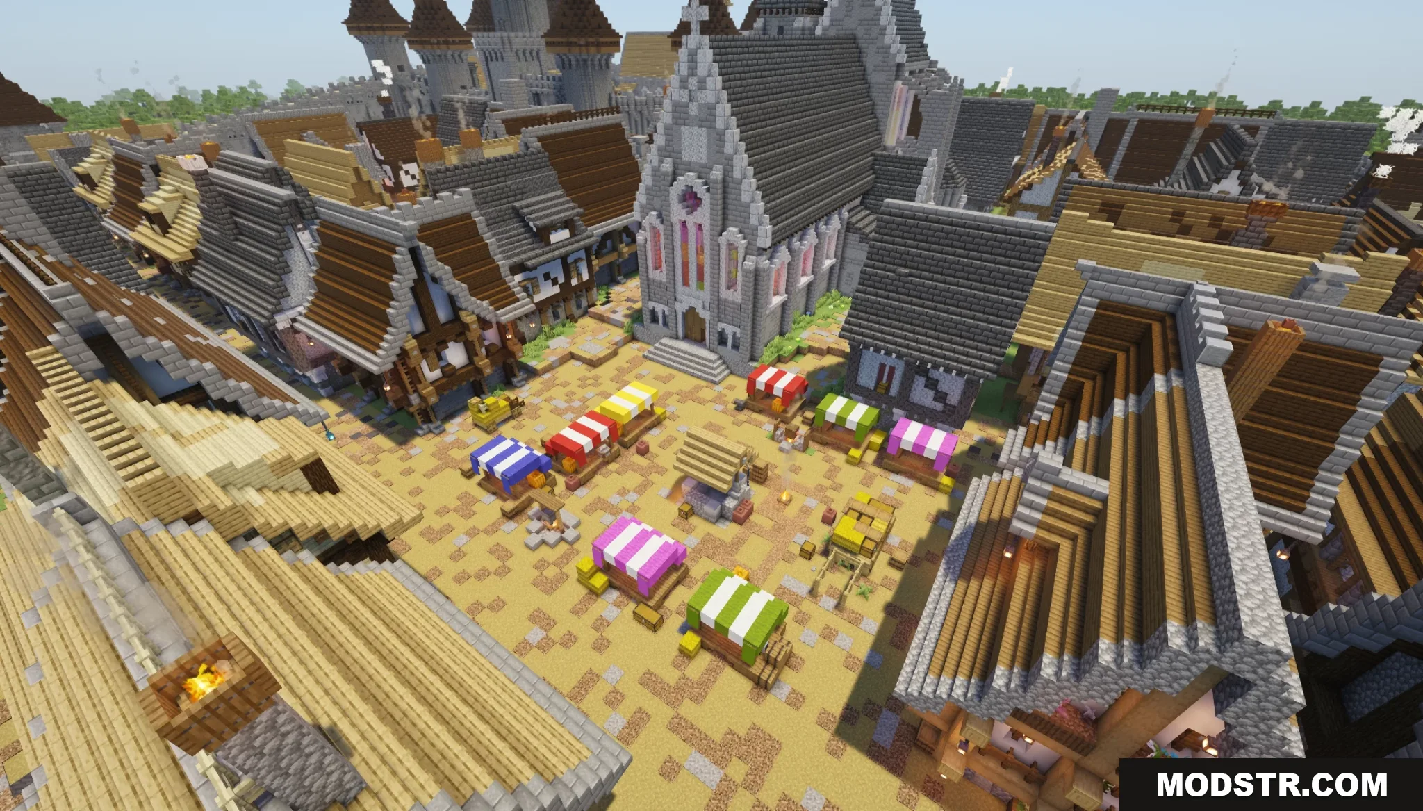 Gallardon Medieval Village Map Screenshot 7 A medieval market square with colorful stalls and a large stone church