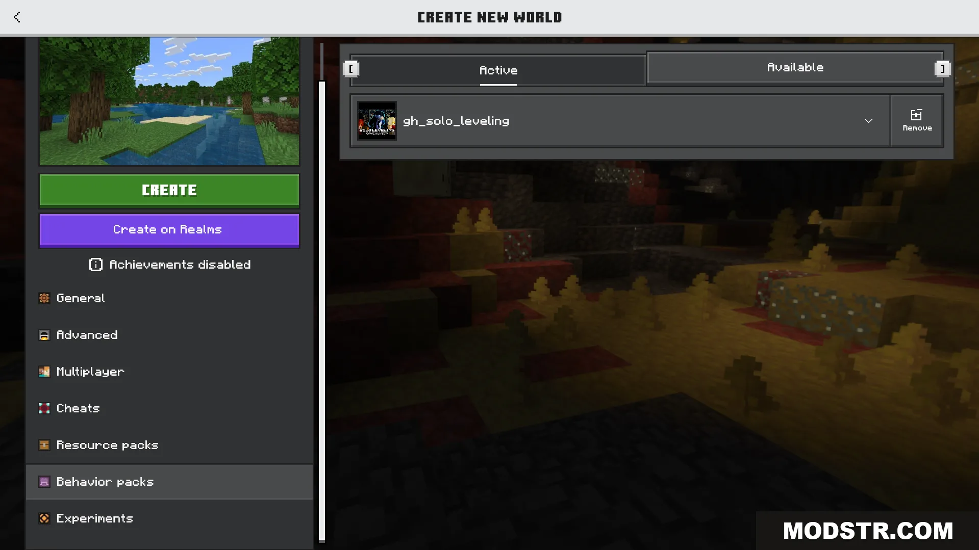 GameHunters Solo Leveling Addon Screenshot 1 Minecraft world creation menu showing the active GameHunters Solo Leveling behavior pack