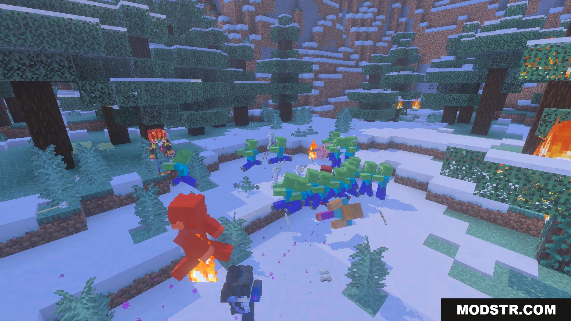 GameHunters Solo Leveling Addon Screenshot 6 Character using fire magic to attack a group of zombies in snow