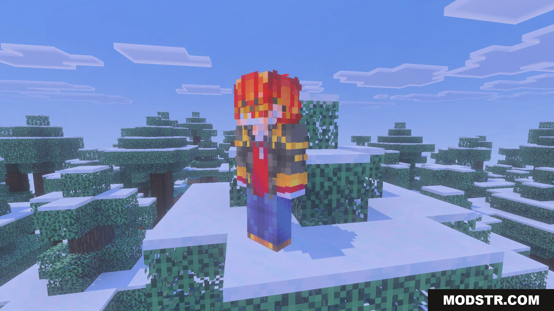 GameHunters Solo Leveling Addon Screenshot 9 Minecraft player wearing a custom Choi Jong In skin in a snowy forest