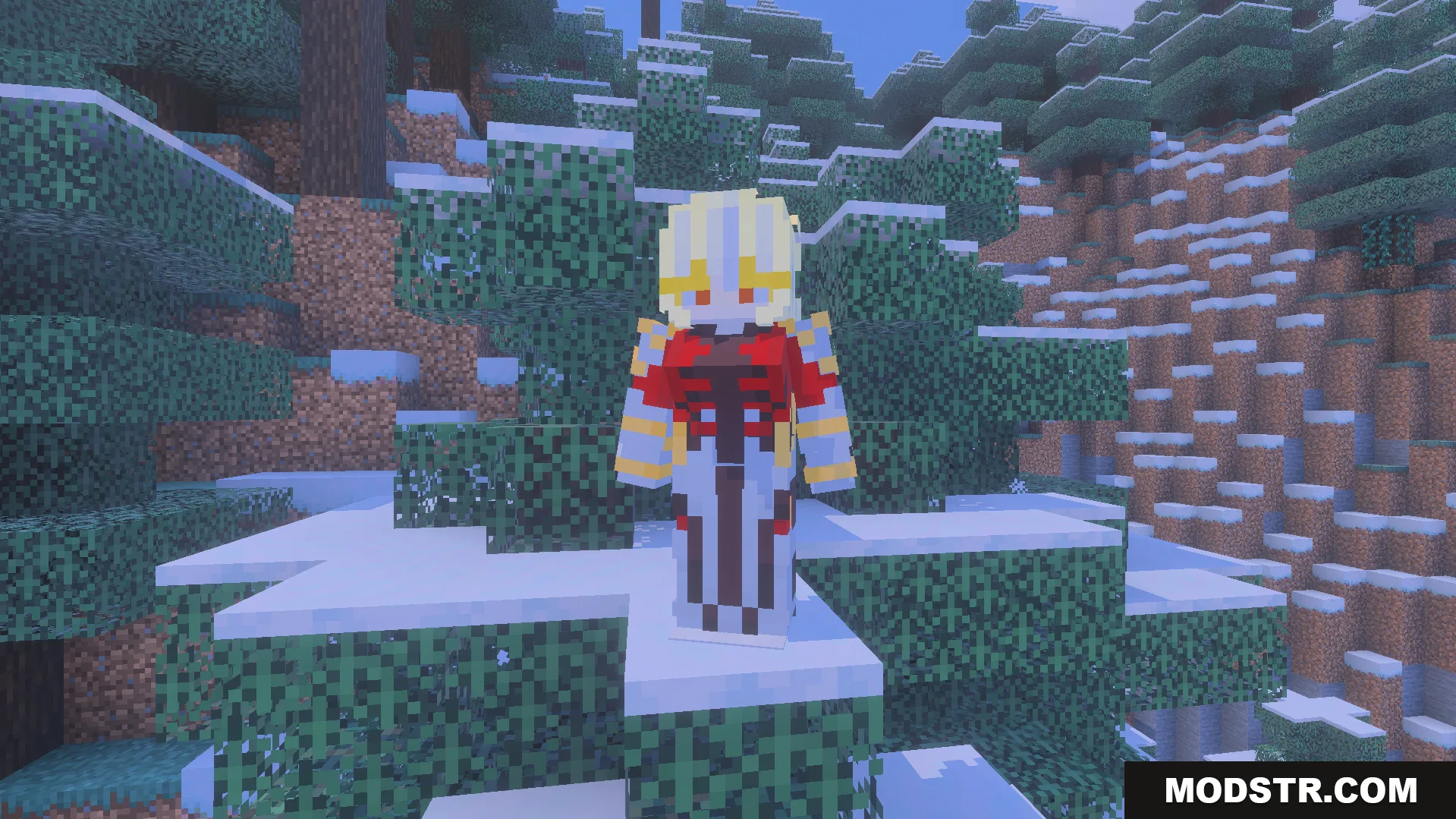 GameHunters Solo Leveling Addon Screenshot 8 Custom Cha Hae In character skin standing on a snowy spruce tree