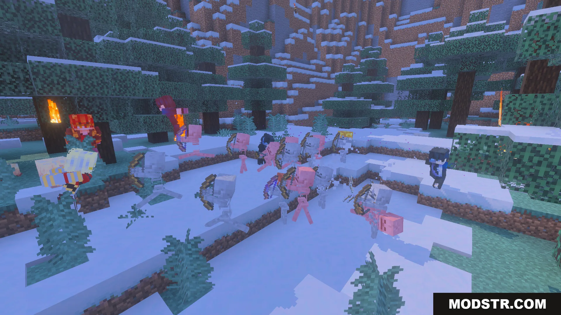 GameHunters Solo Leveling Addon Screenshot 5 Player characters commanding a group of shadow soldiers in a snowy forest