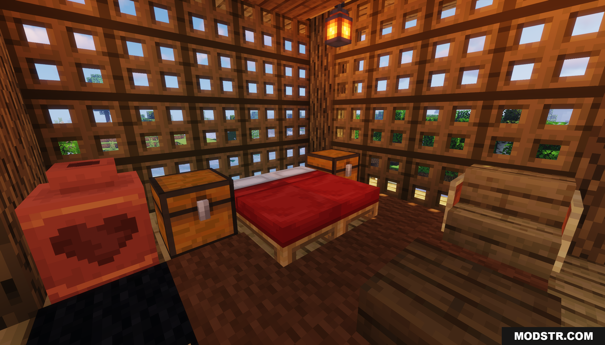 Garden House Map Screenshot 7 A cozy bedroom with a red bed and chests