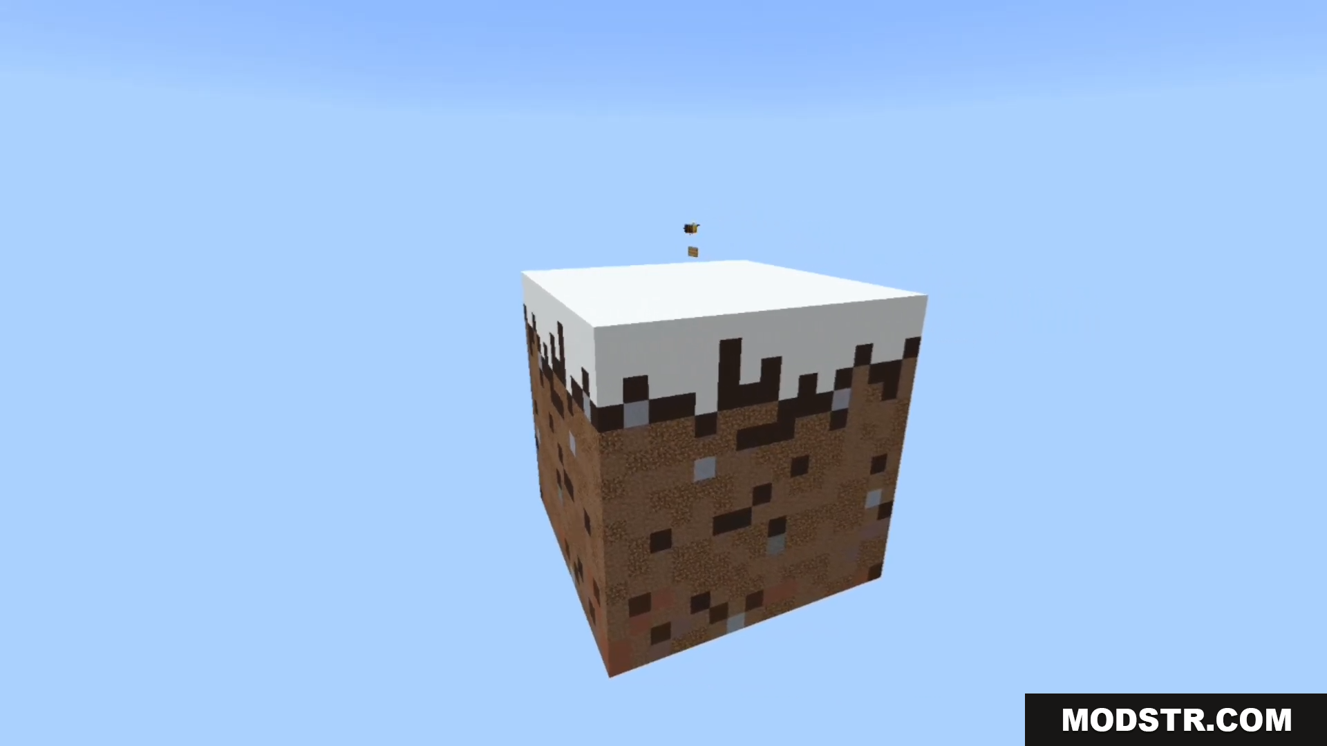 A massive floating grass block with snow in the sky
