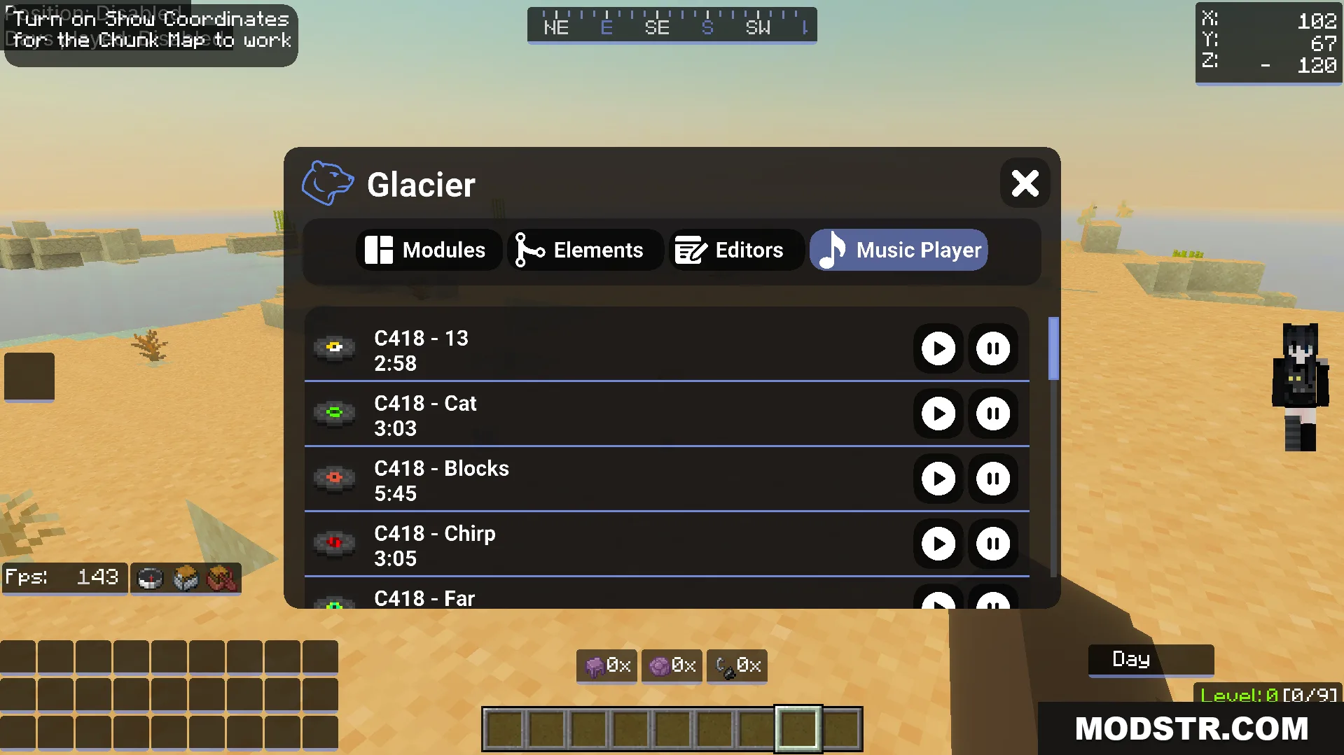 Music player interface in Glacier Client V6 Texture Pack with C418 tracks