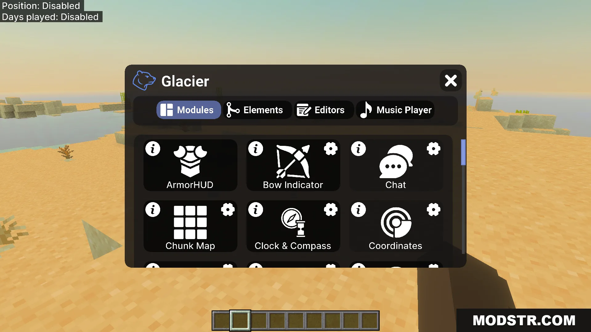 Glacier Client V6 Texture Pack menu showing modules like ArmorHUD and Chunk Map