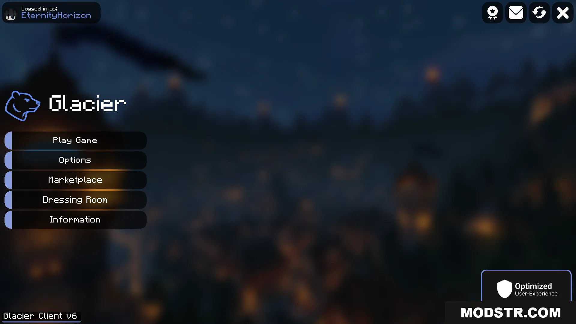 Glacier Client V6 main menu with custom buttons and background