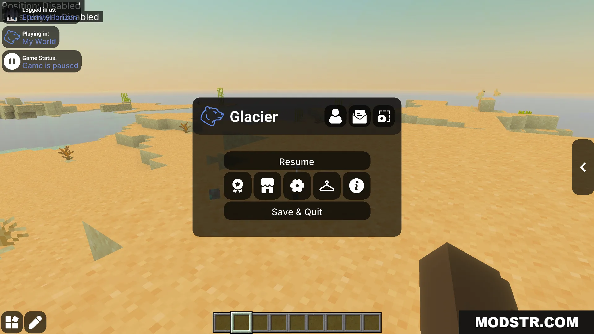 Glacier Client pause menu with custom icons and layout