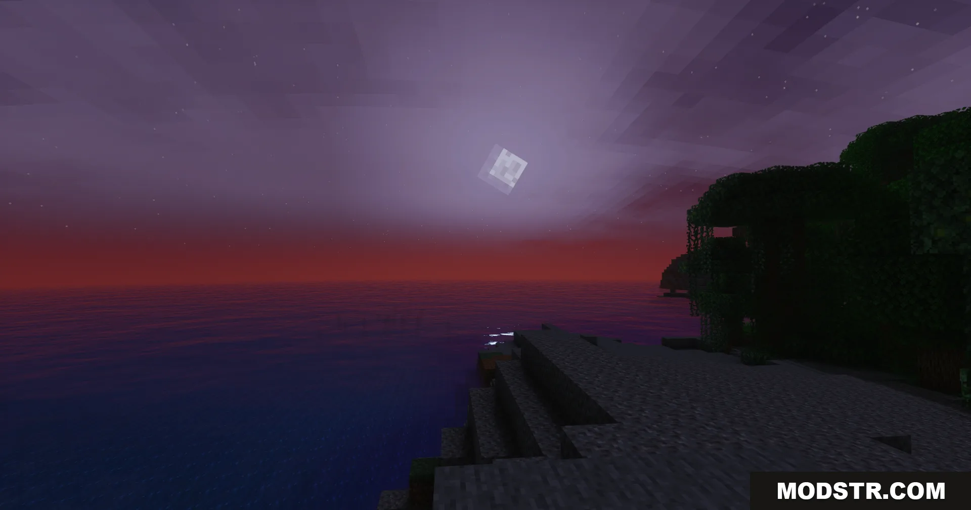 GlamorousSP Shaders creates a vibrant purple sunset over a calm Minecraft ocean