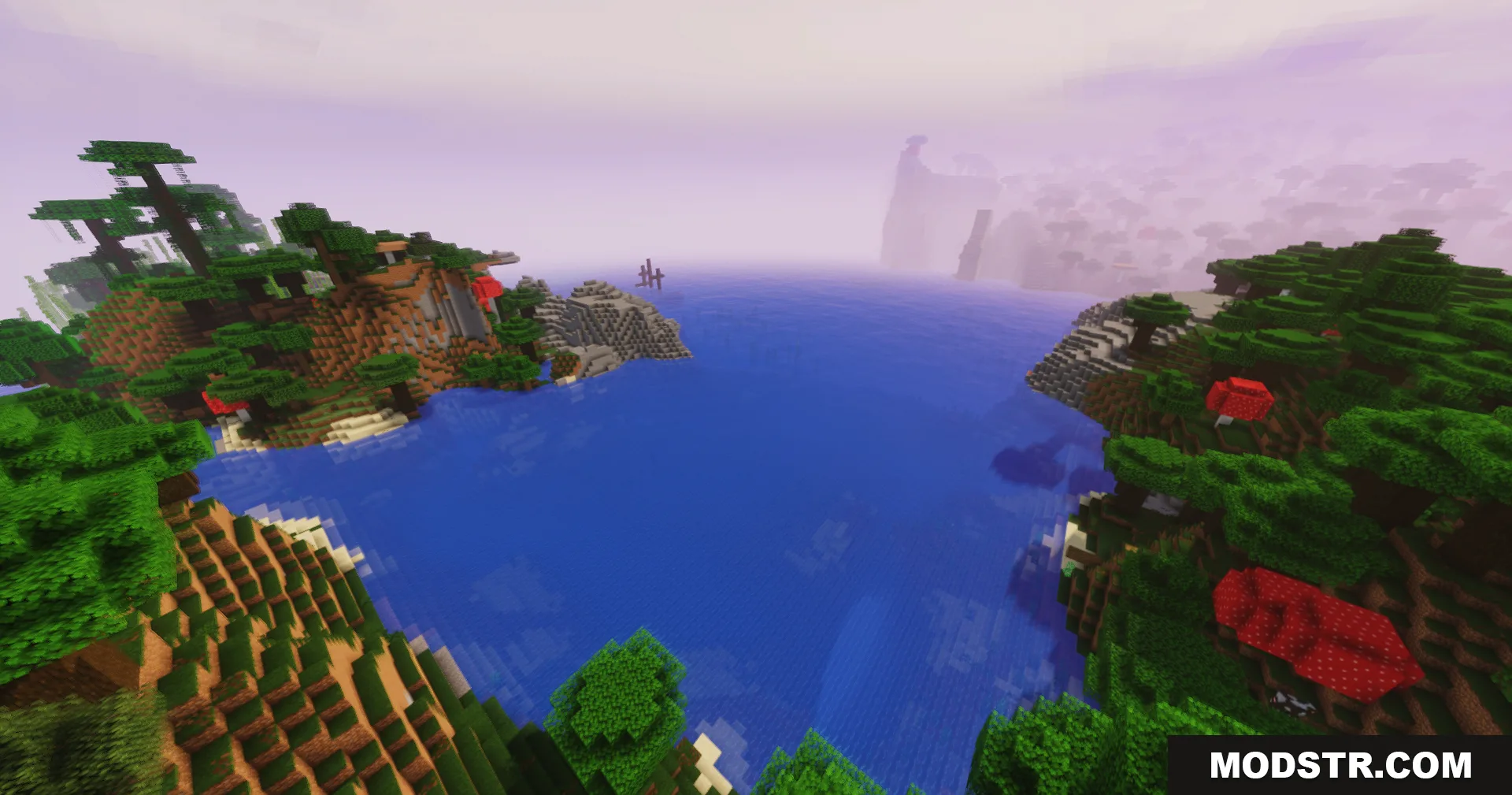 Lush green hills and red mushrooms overlooking a calm blue ocean bay