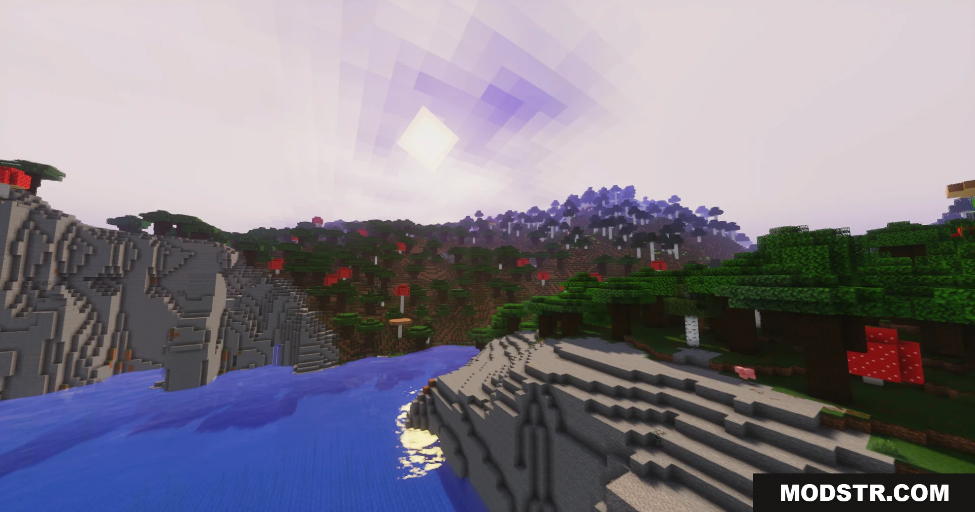Vibrant lighting effects on a Minecraft landscape with a river and mushrooms