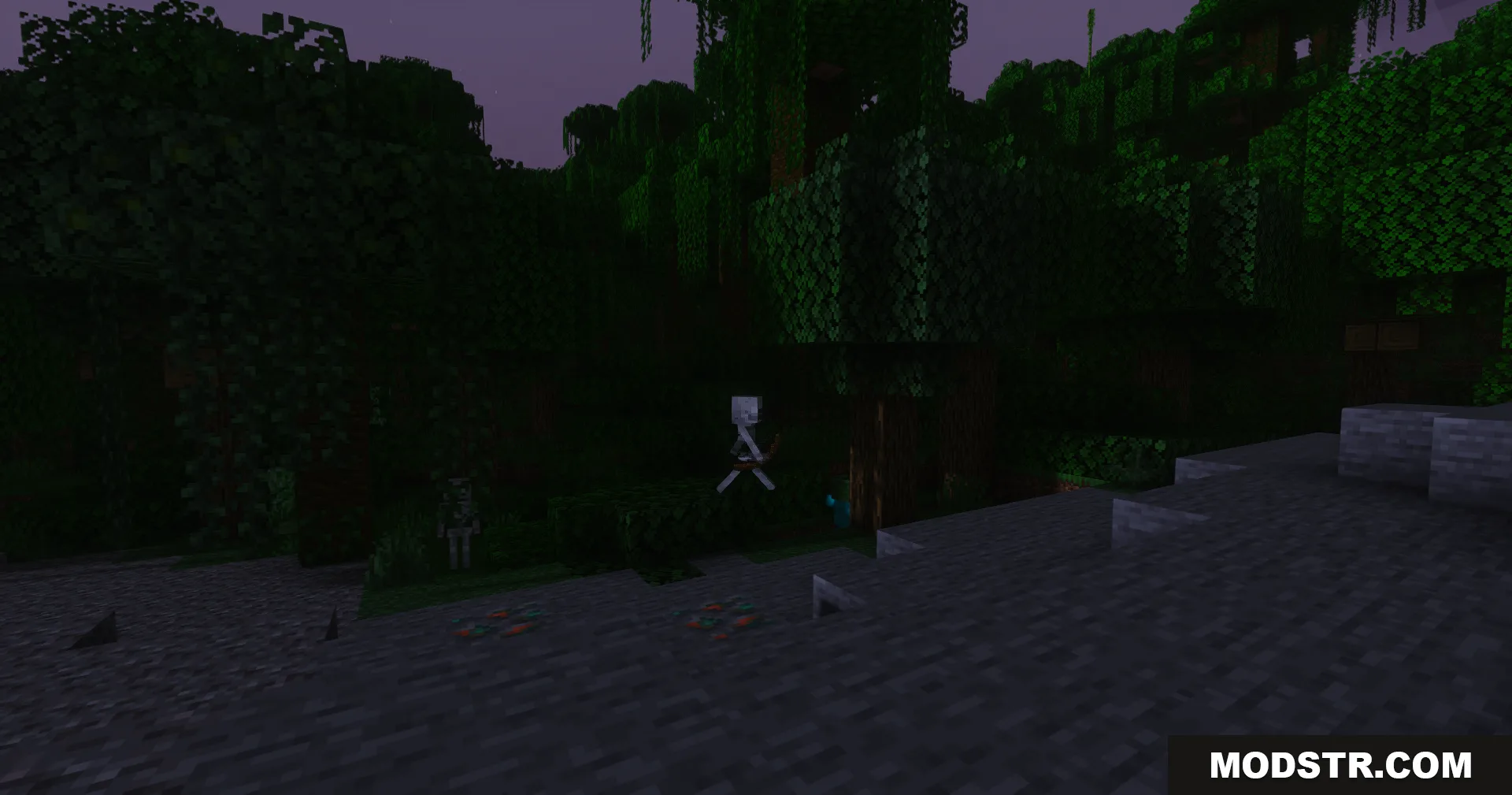 A skeleton archer stands among dense jungle trees in the dark night