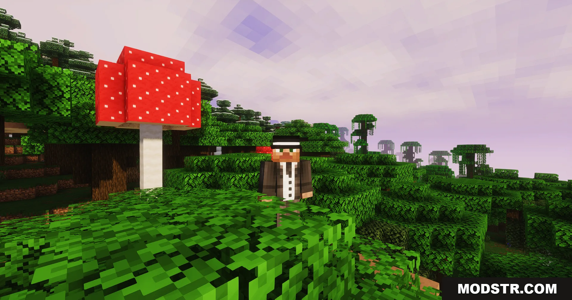 Minecraft player in a suit stands next to a giant mushroom in the forest