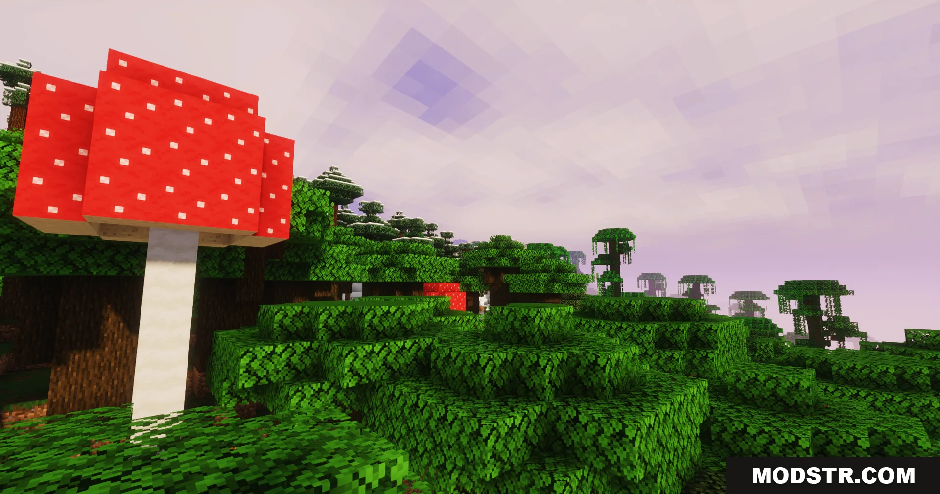 A giant red mushroom stands in a lush forest under a soft purple sky