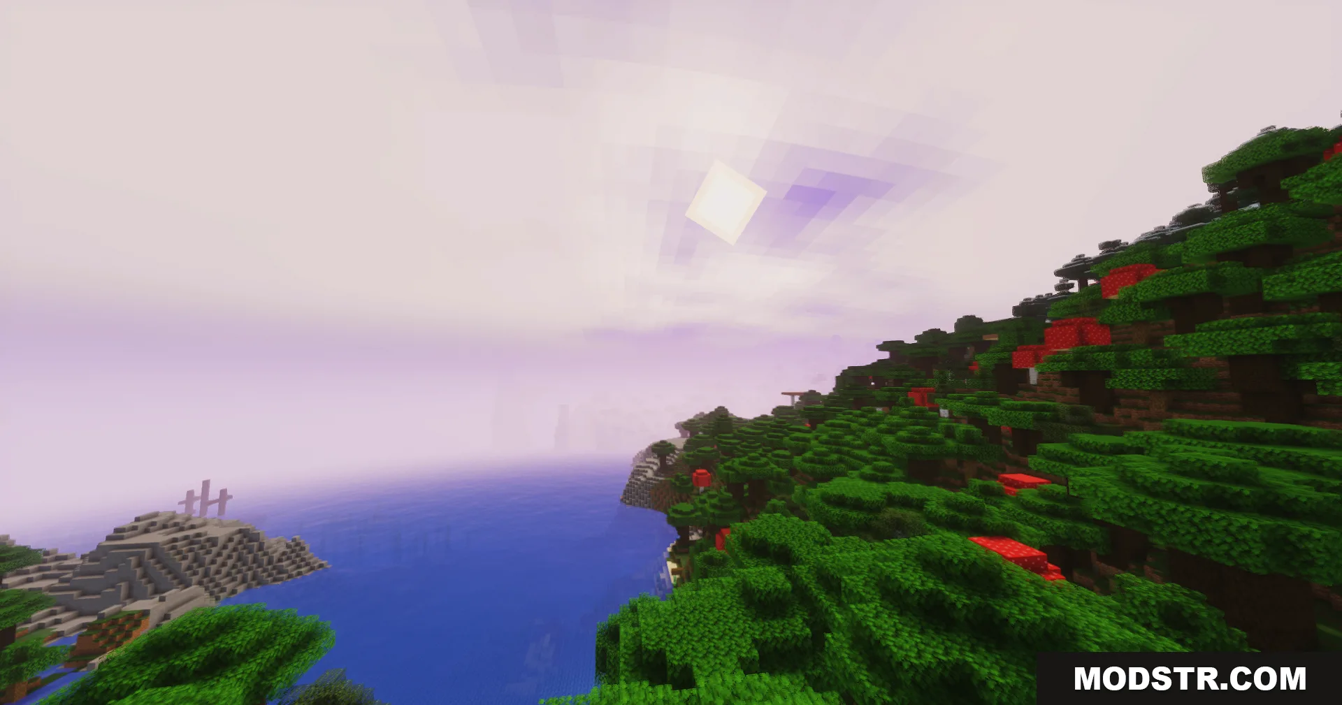 GlamorousSP Shaders creates a beautiful purple sunset over a lush forest biome