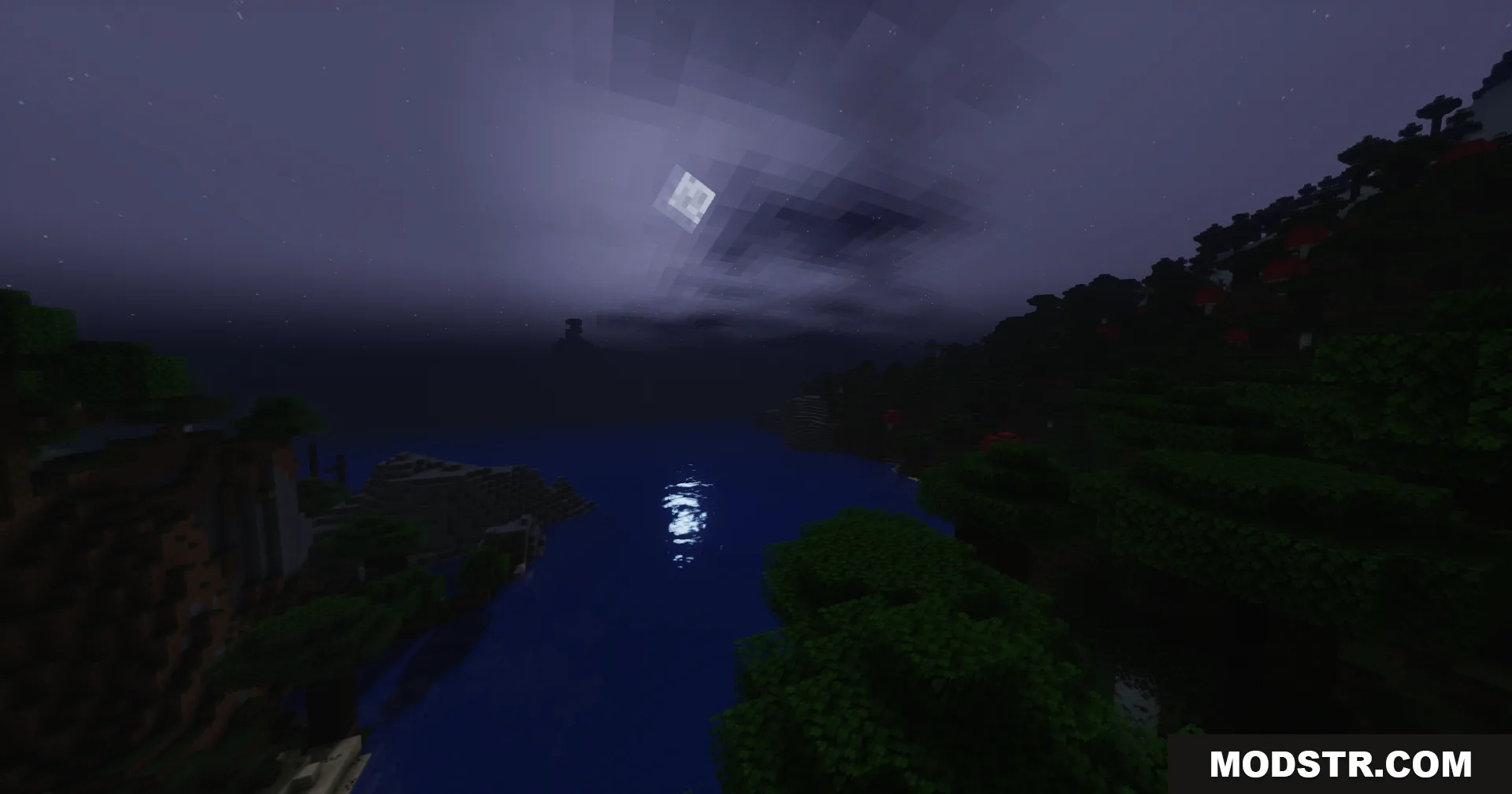 A scenic night landscape with the moon reflecting on the water