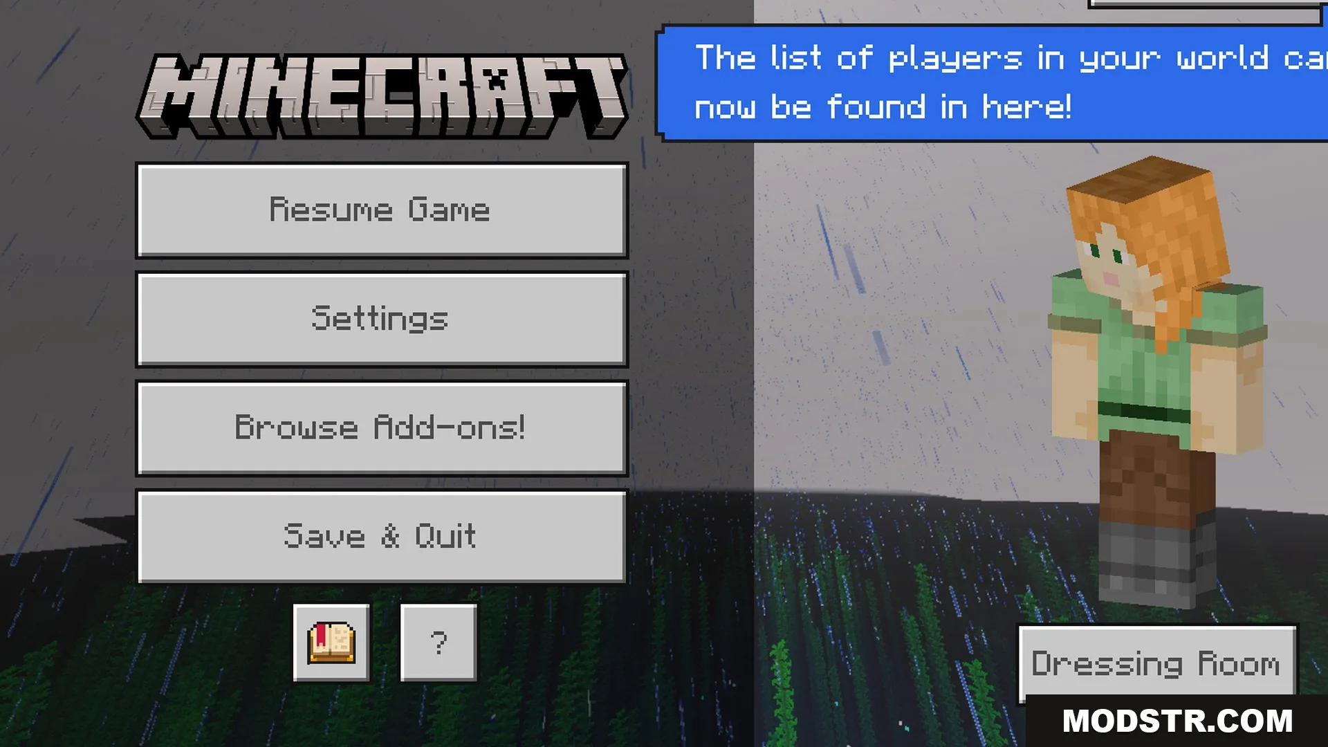 Glimmering Armor Trims Copper Age Shader Screenshot 10 Minecraft pause menu screen displaying Alex standing in the rain at night