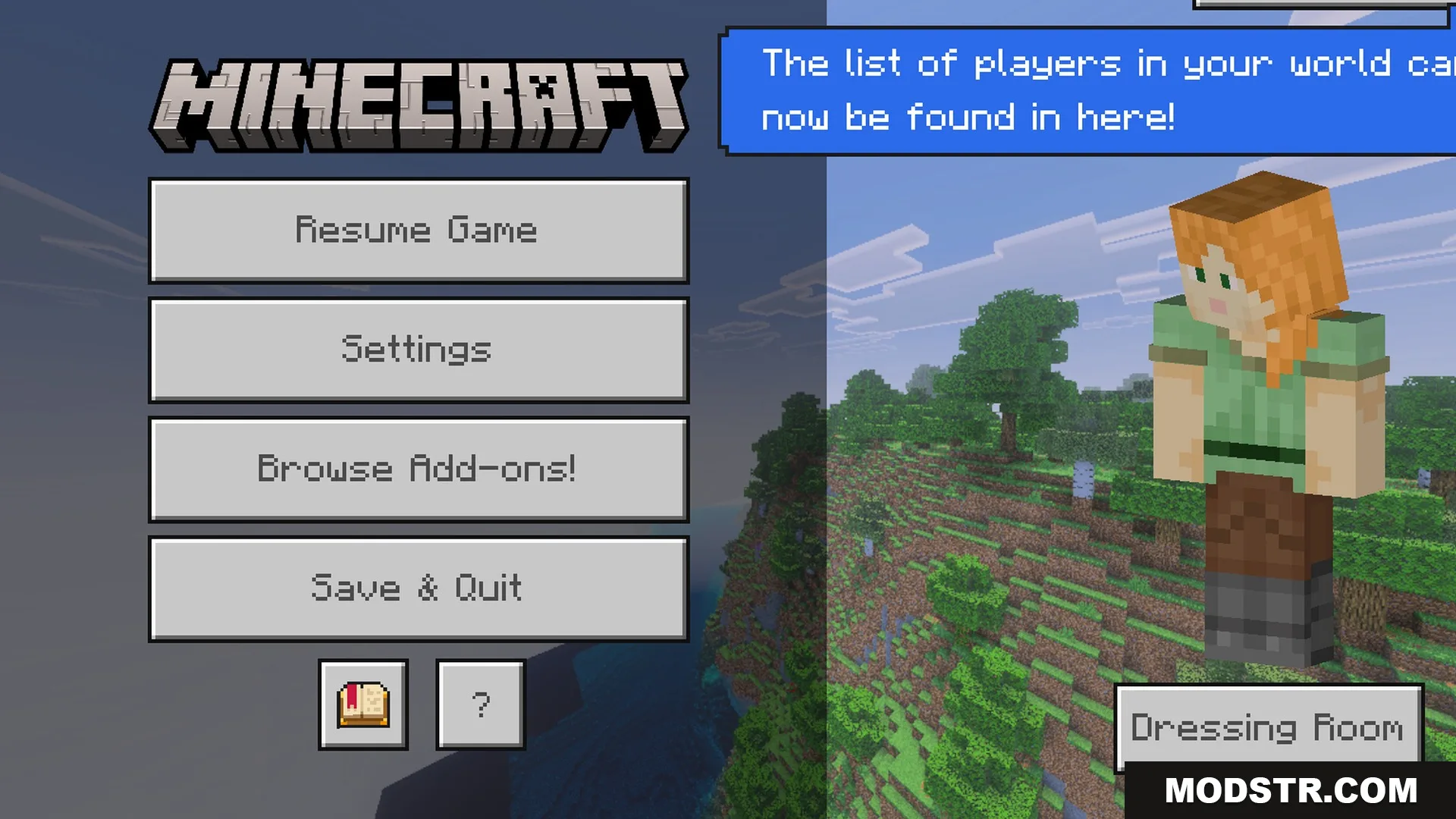Glimmering Armor Trims Copper Age Shader Screenshot 7 Minecraft pause menu screen showing Alex character and game settings in green landscape