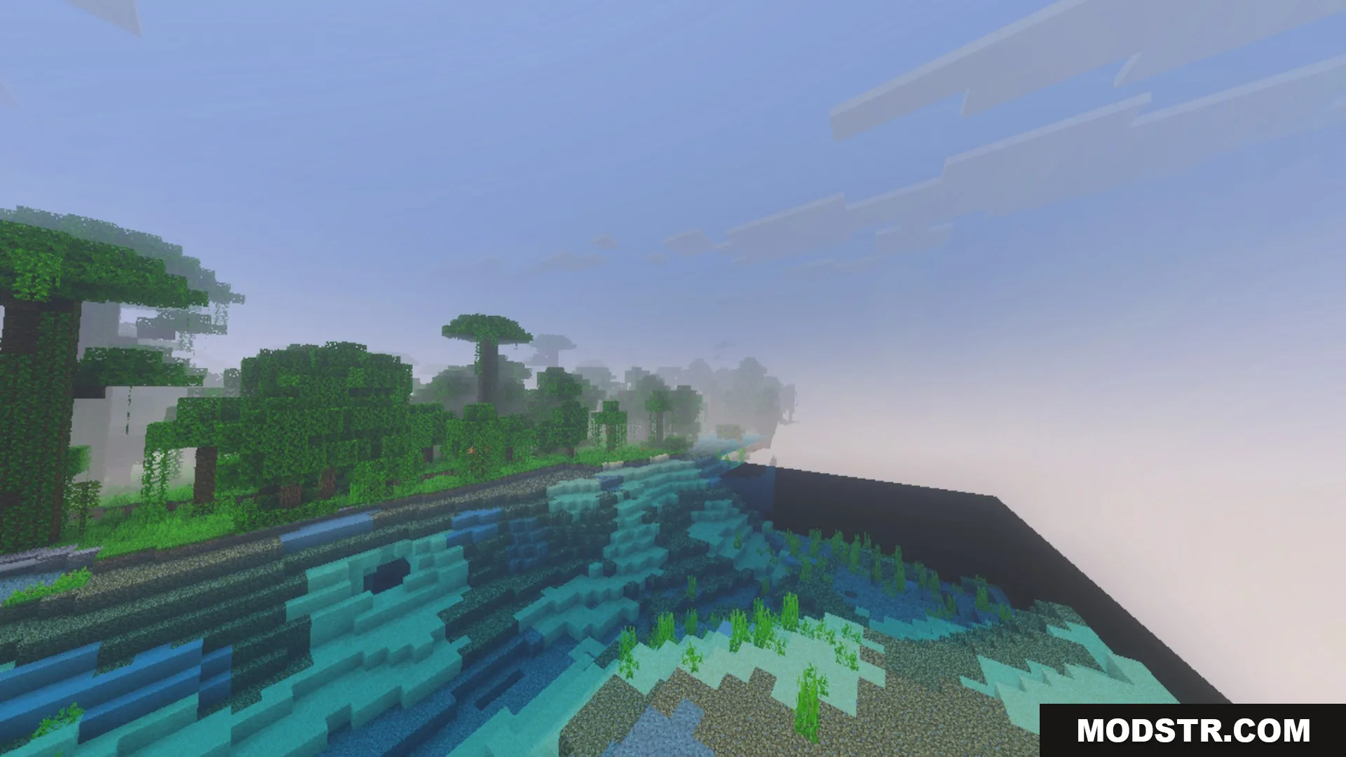Glimmering Armor Trims Copper Age Shader Screenshot 1 A hazy jungle landscape next to a blue ocean with green seagrass visible
