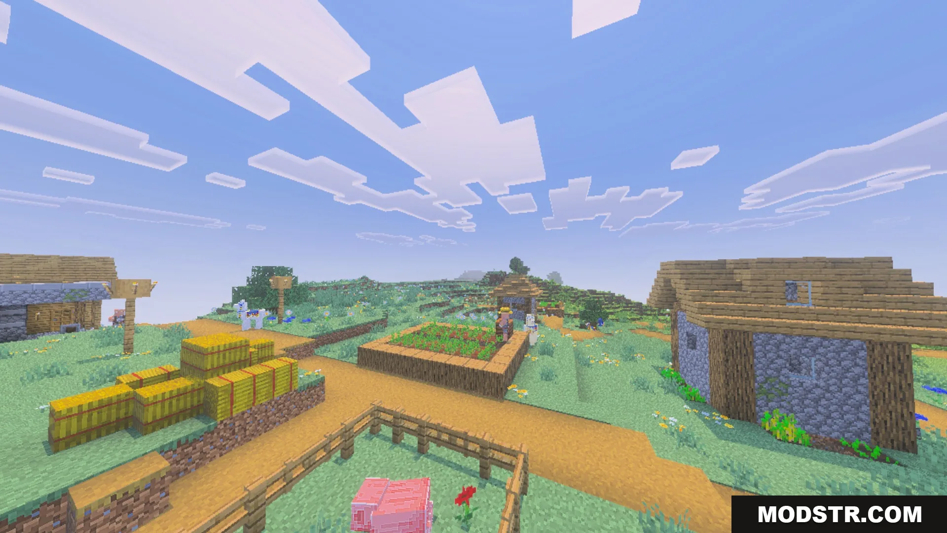 Glimmering Armor Trims Copper Age Shader Screenshot 6 A peaceful Minecraft village with wooden houses and hay bales under clear skies