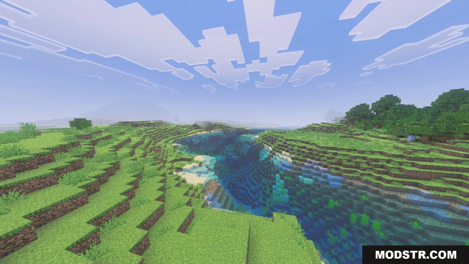 Glimmering Armor Trims Copper Age Shader Screenshot 5 Scenic view of a deep river valley surrounded by lush green hills