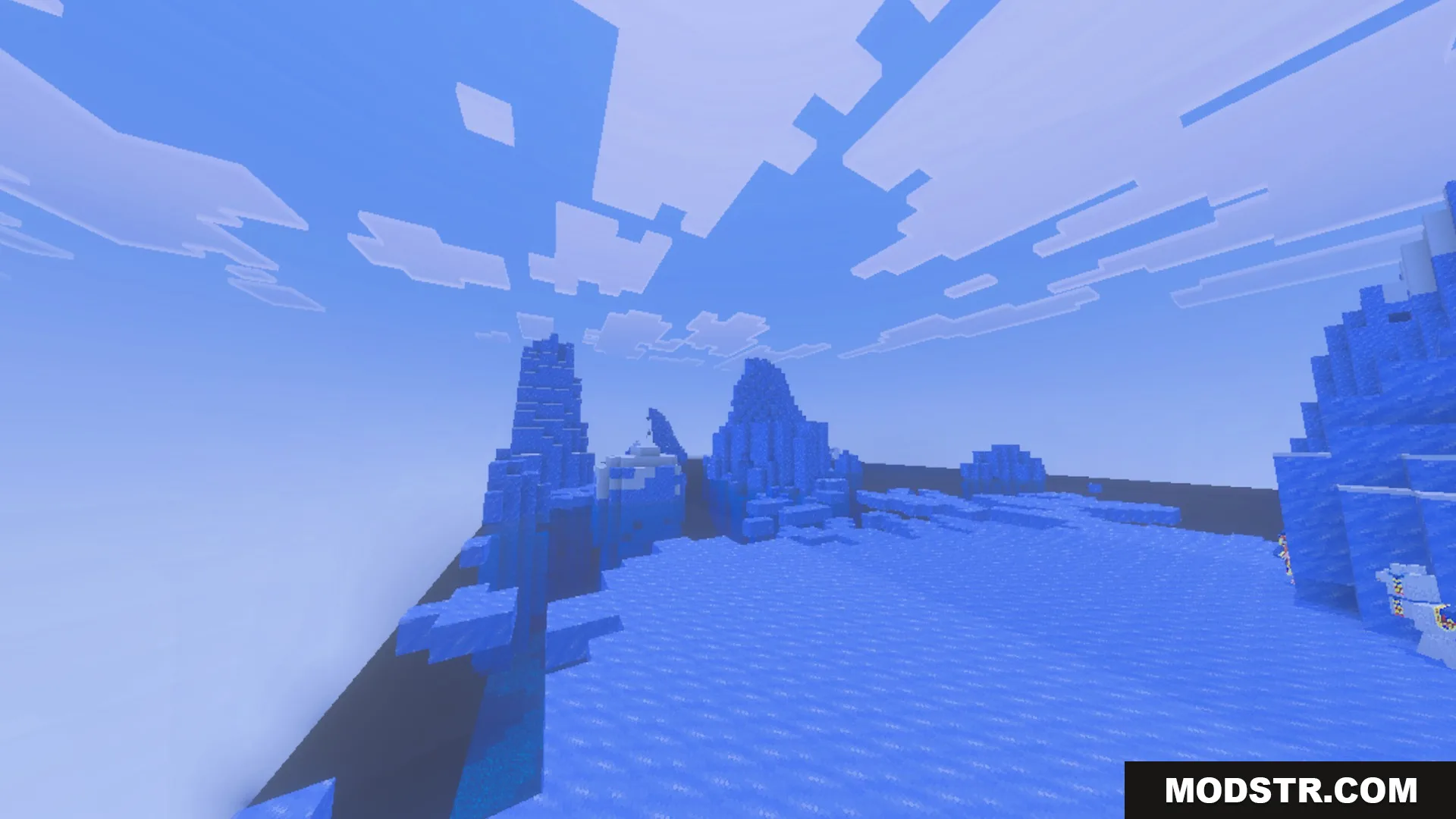 Glimmering Armor Trims Copper Age Shader Screenshot 3 A vast frozen landscape featuring tall ice spikes under a bright blue sky