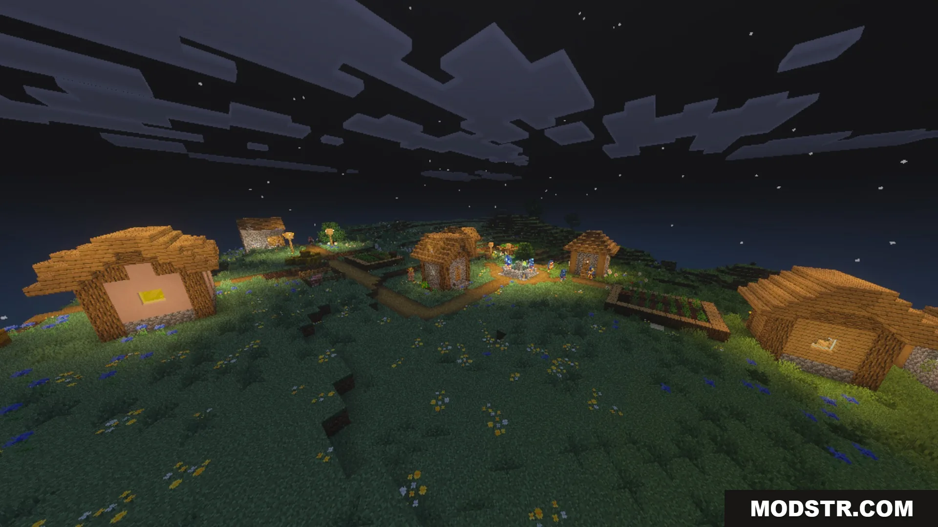 Glimmering Armor Trims Copper Age Shader Screenshot 4 A small Minecraft village illuminated by warm lanterns during a clear starry night