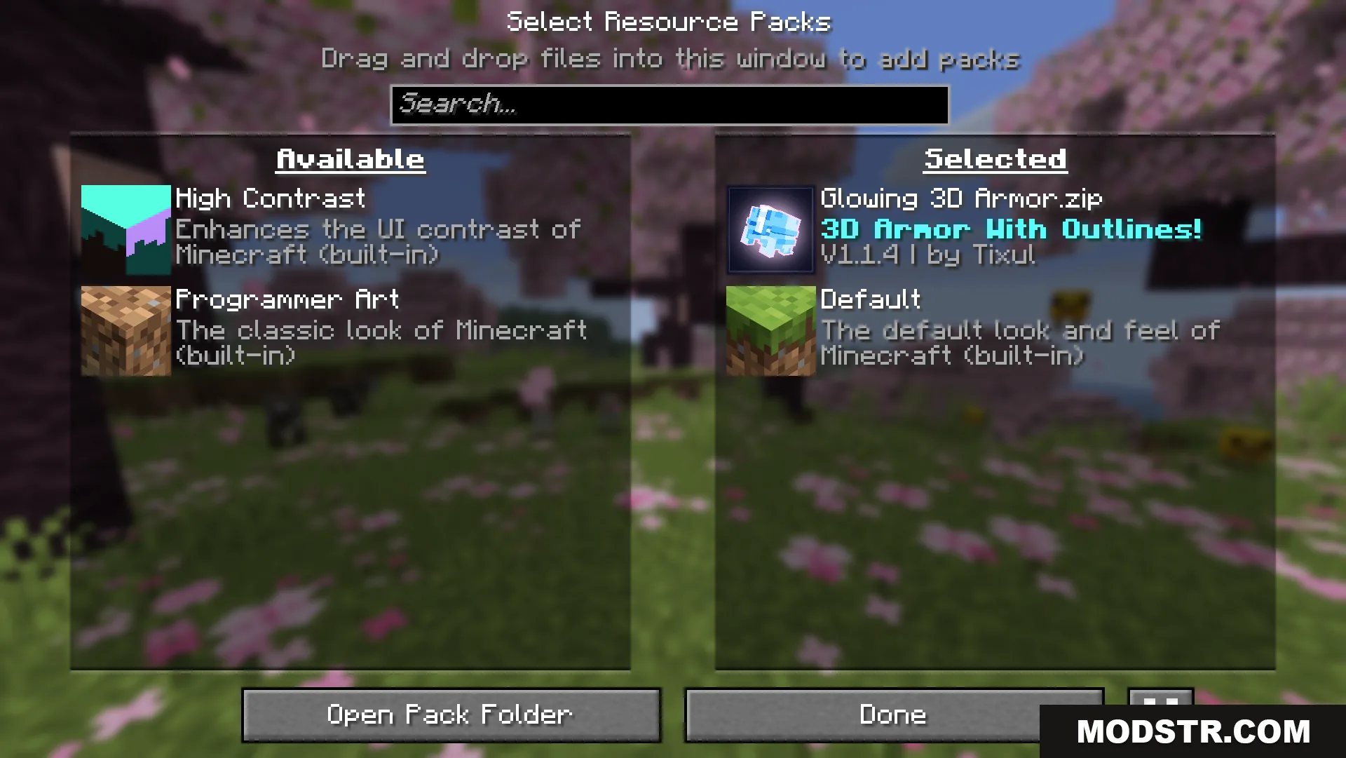 Glowing 3D Armor Resource Pack Screenshot 1 Selecting the Glowing 3D Armor resource pack in the game settings menu