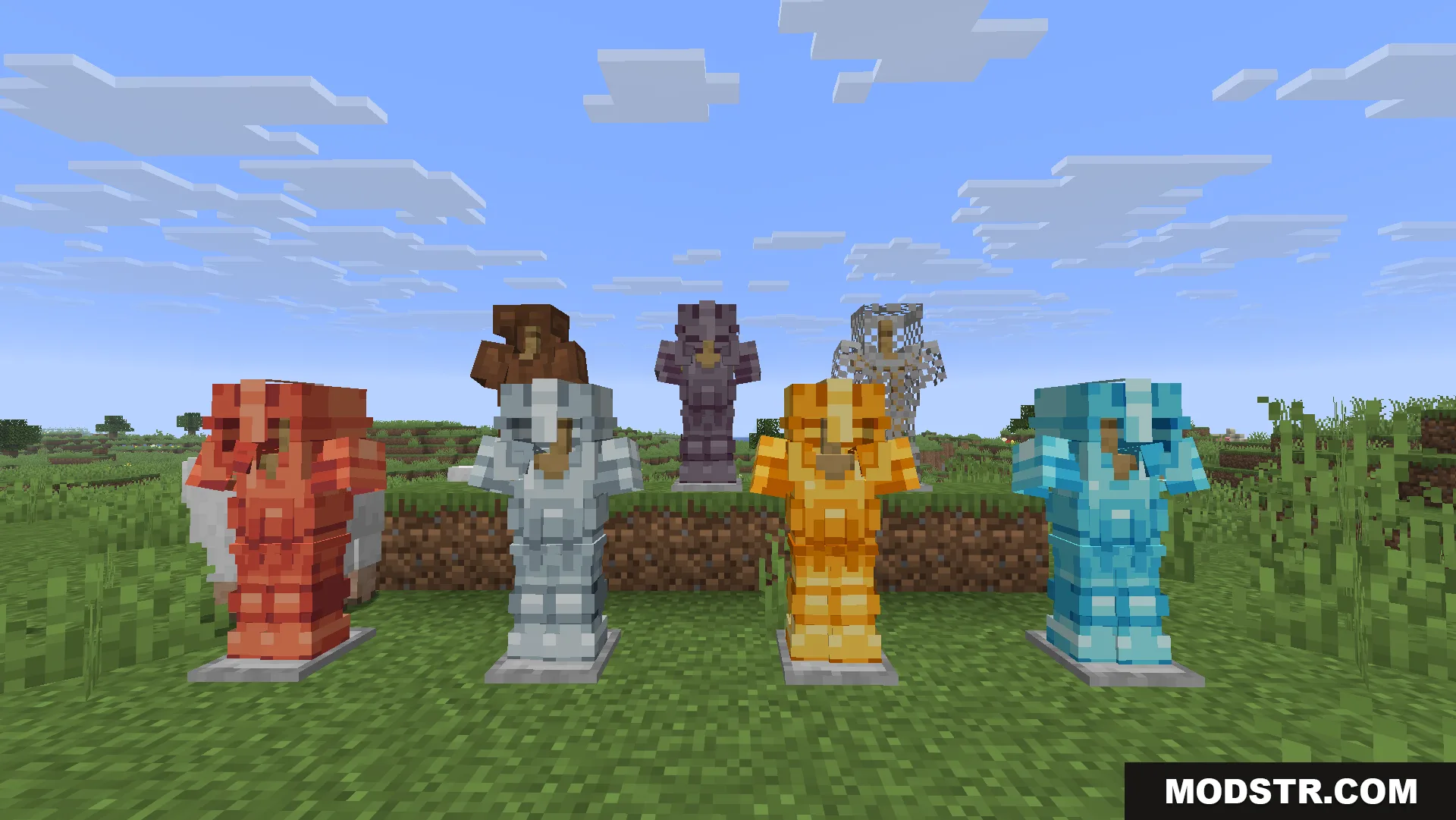Glowing 3D Armor Resource Pack Screenshot 8 Various sets of Glowing 3D Armor displayed on armor stands outdoors