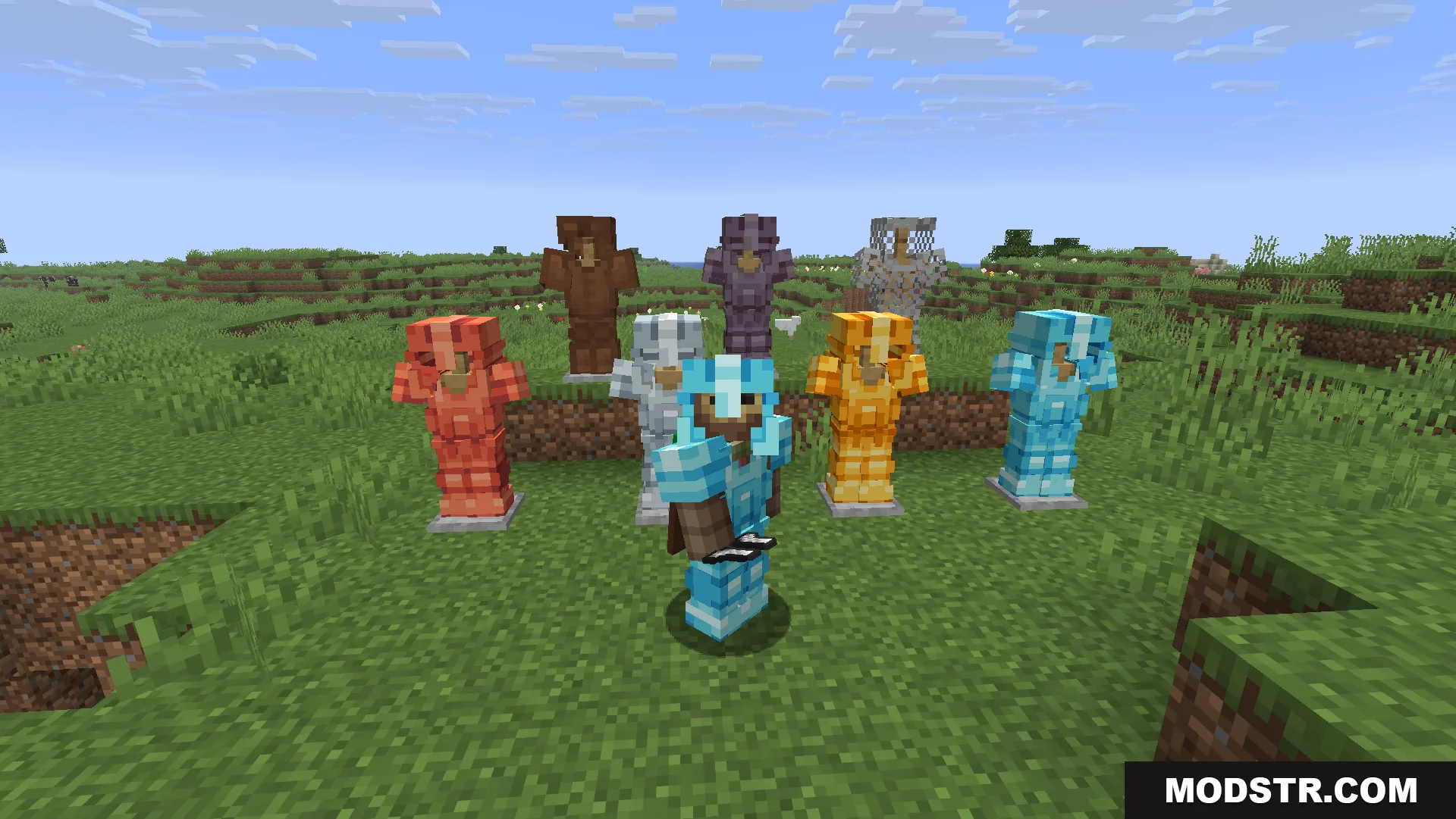 Glowing 3D Armor Resource Pack Screenshot 12 A player wearing diamond armor stands in front of several 3D armor sets