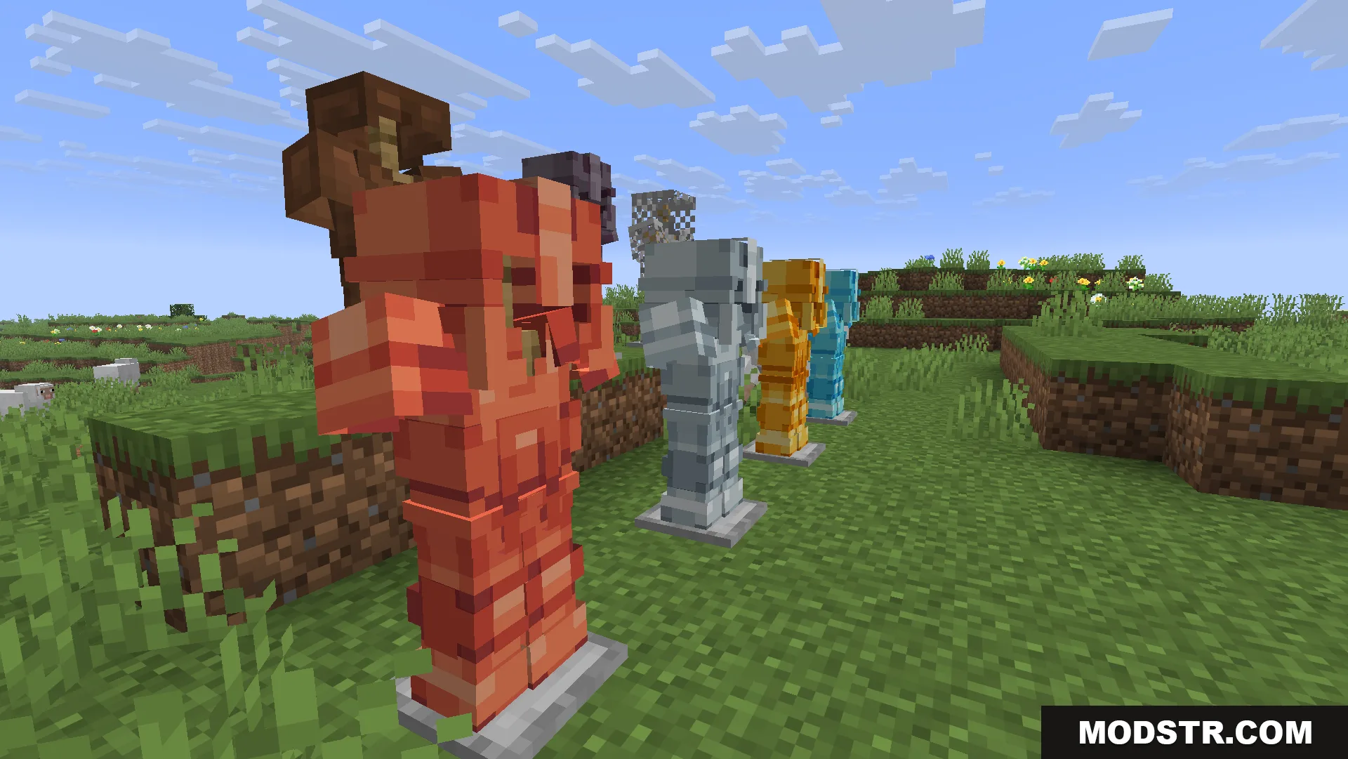 Glowing 3D Armor Resource Pack Screenshot 11 A row of armor stands displaying various types of detailed 3D armor