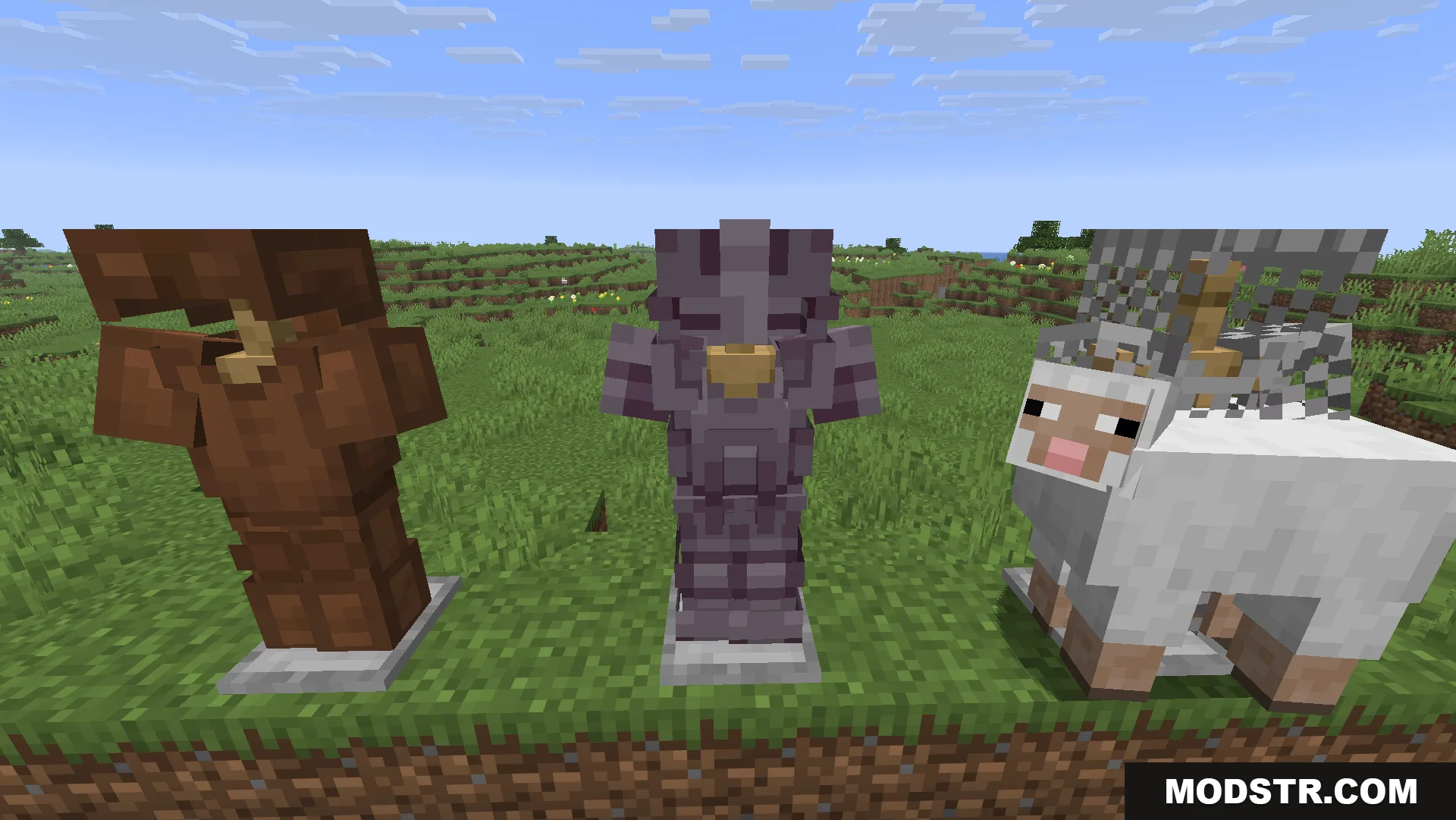 Glowing 3D Armor Resource Pack Screenshot 10 Brown and purple armor stands next to a sheep wearing chainmail armor
